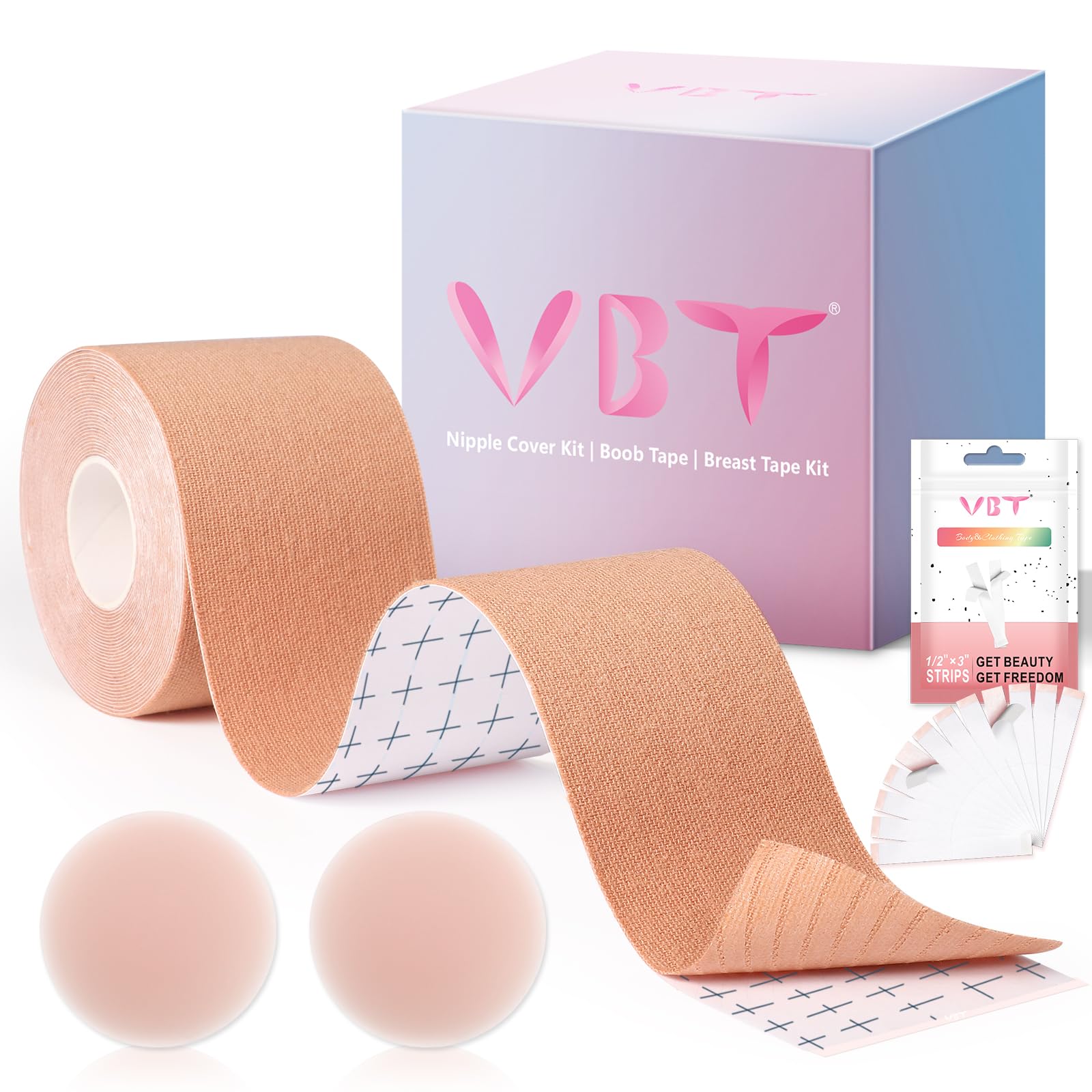 VBT Breast Lift Tape for Large Breasts (A-G Cup) - Nude Color Adhesive Bra Support Kit for Strapless Dresses & Backless Outfits