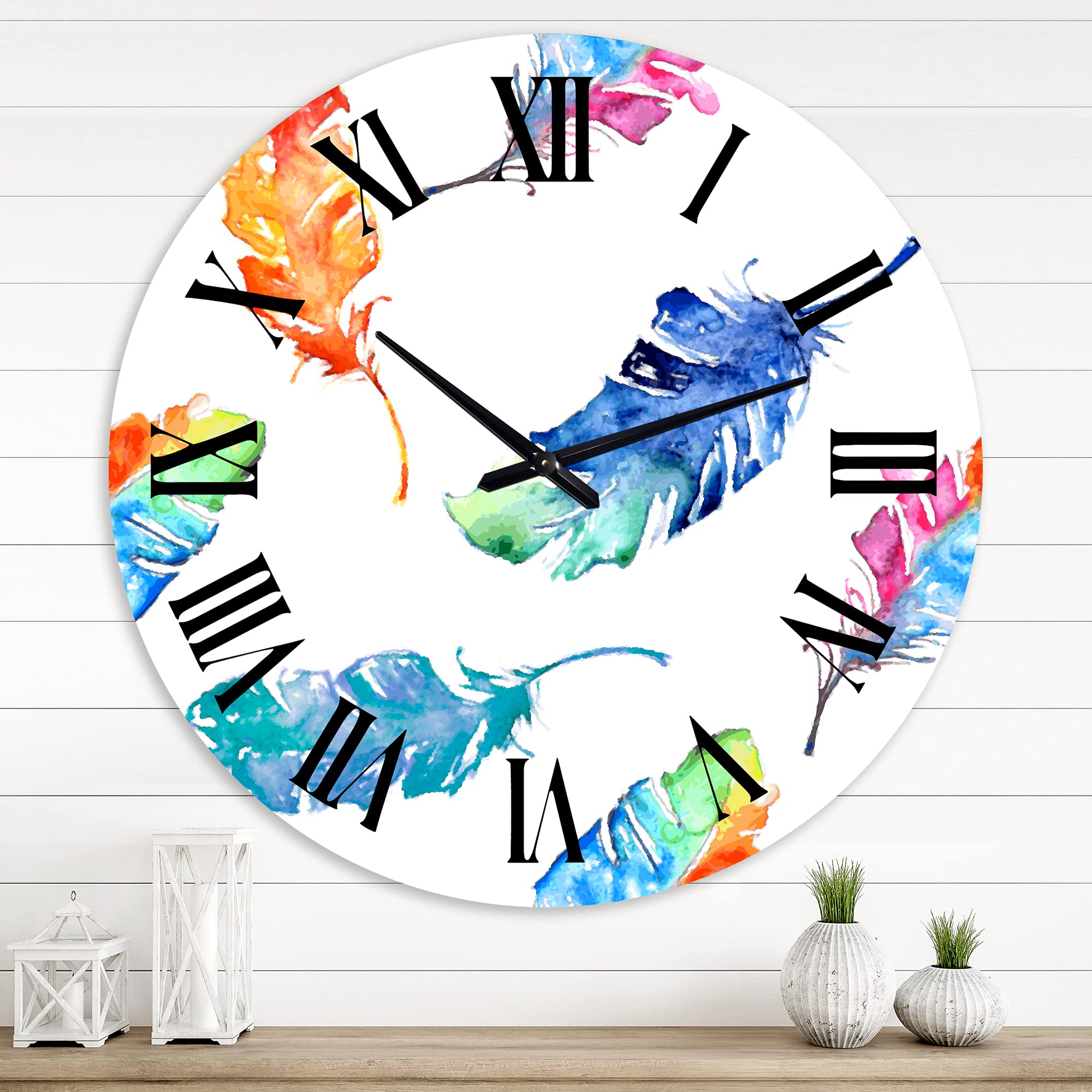 Bohemian Eclectic Wall Clock with Ethnic Blue Feathers - Large Animal-Themed Wall Decor for Living Room, Bedroom, or Office - Perfect for Boho, Farmhouse & Eclectic Home Decor Styles