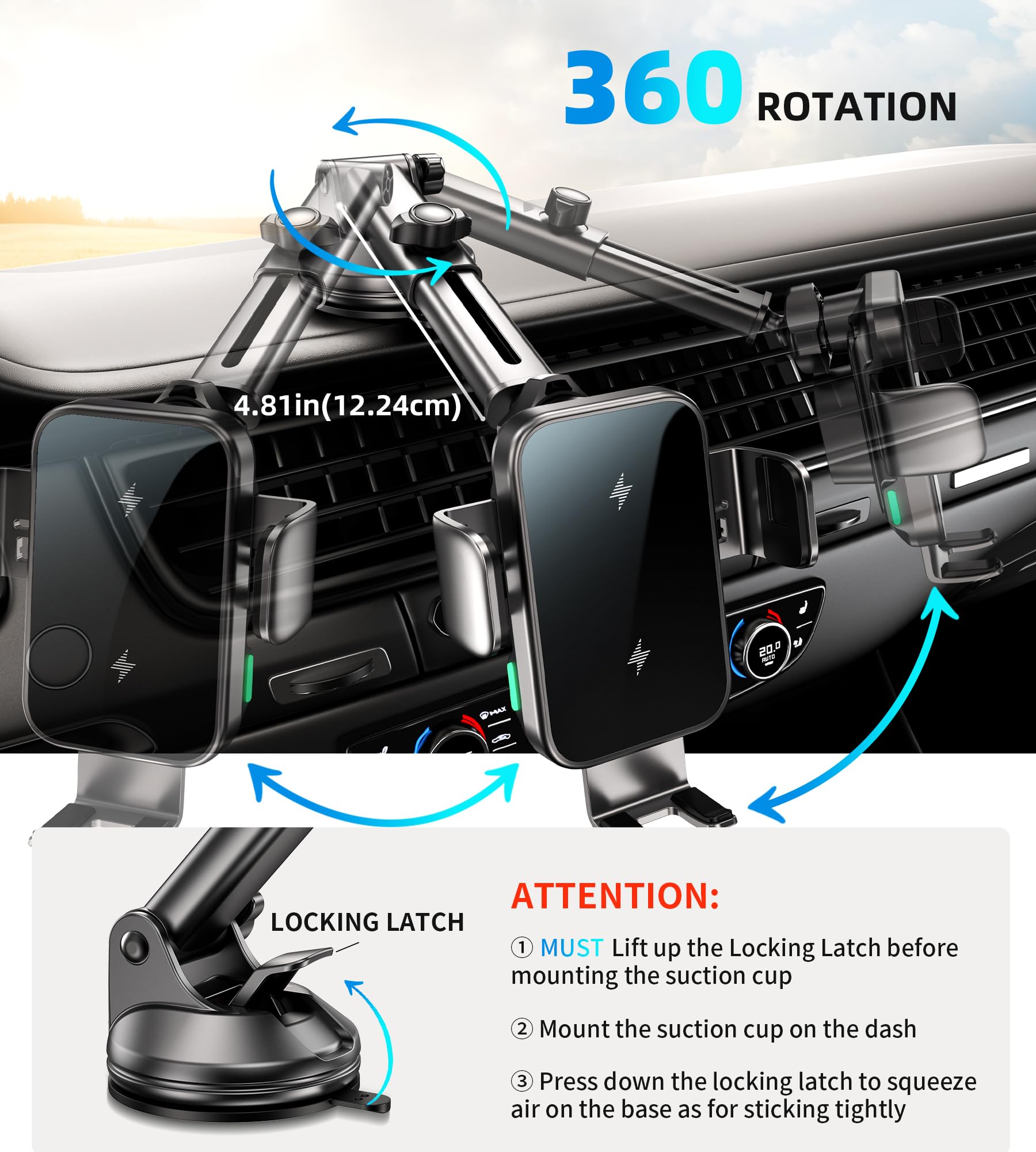 15W Dual Coil Wireless Car Charger Phone Mount - Auto Clamping & Secure Grip for iPhone 15/14/13/12, Samsung Galaxy S24/S23/S22/S21 - Dashboard/Vent/Windshield Mount - Perfect for Commuting, Road Trips & GPS Navigation