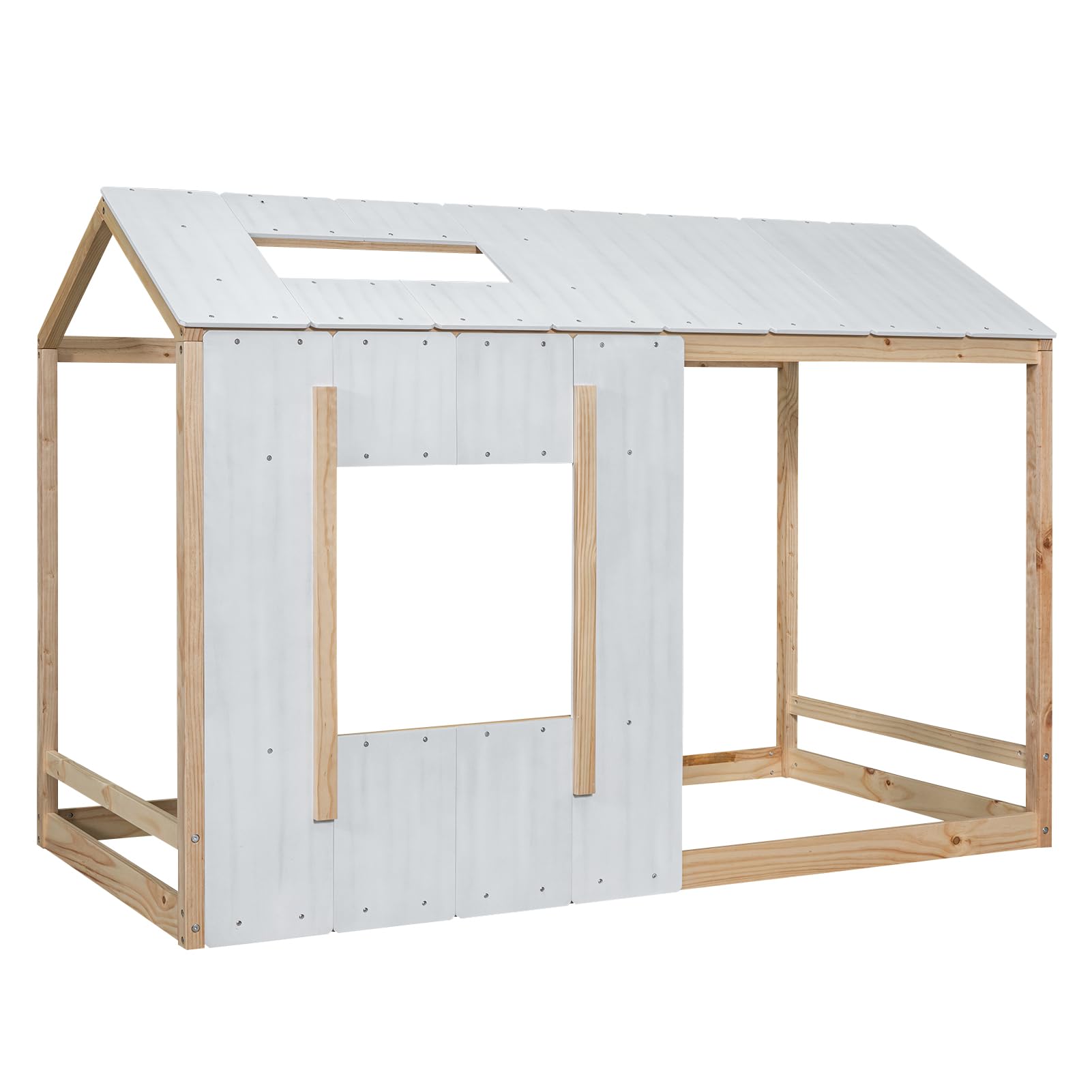 Montessori Twin Size Floor Bed Frame for Kids - Wooden House Bed with Headboard & Roof, No Slats Required - Natural Antique White - Perfect for Toddler Rooms, Daycare Centers & Montessori Classrooms