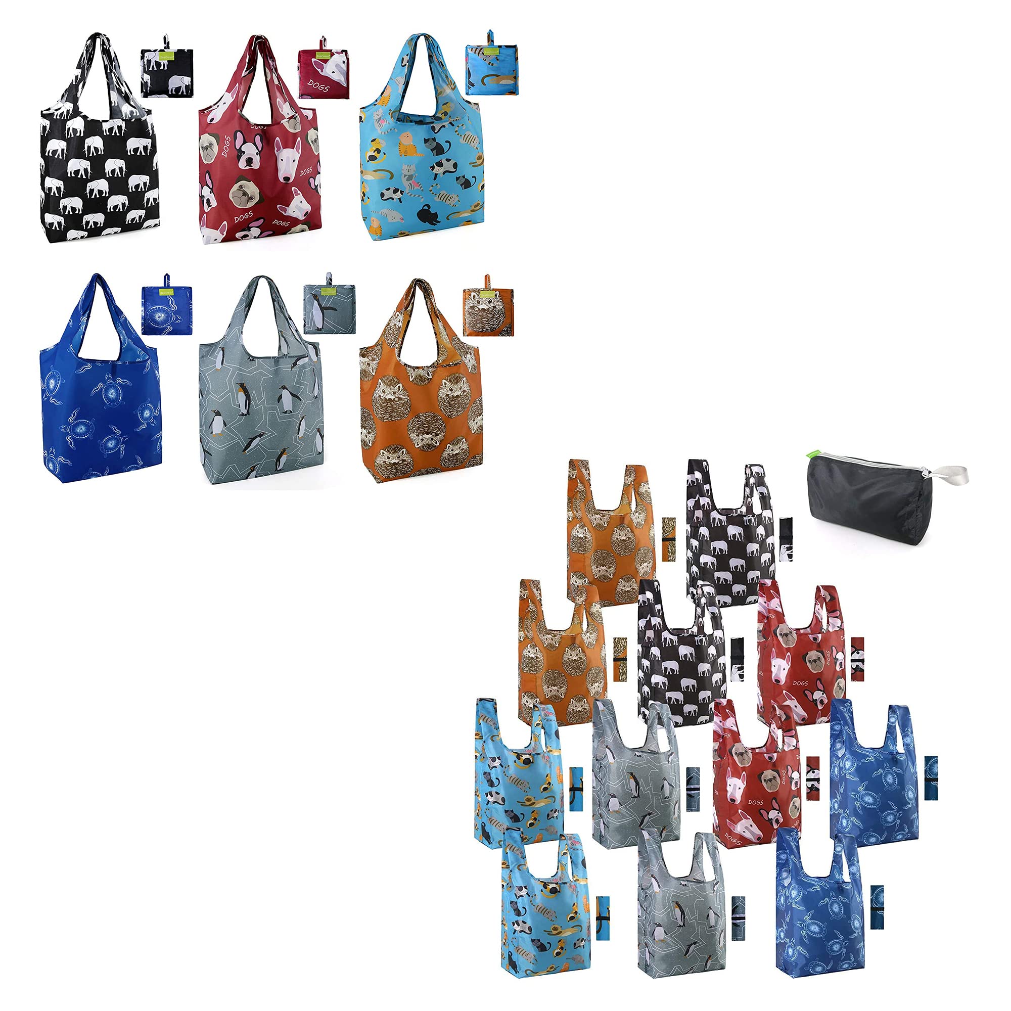 18 Pack Reusable Grocery Shopping Totes - Large 50LBS Capacity Zippered Animal Print Bags (Dogs, Elephants, Hedgehogs, Cats, Turtles, Penguins) | Machine Washable Lightweight Polyester | Perfect for Groceries, Beach Trips & Gift Giving