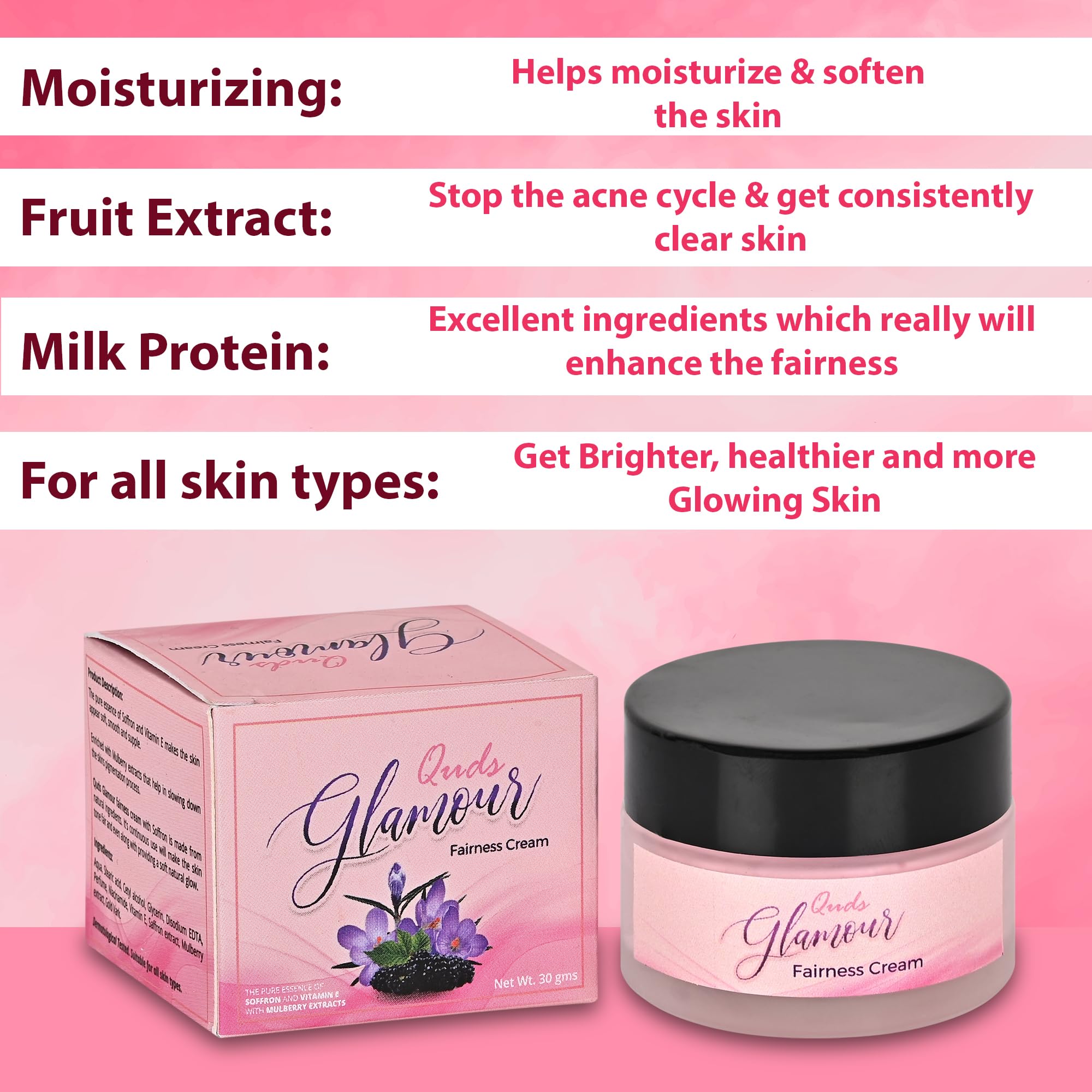 Quds Glamour Saffron Face Whitening Cream 30g - Brightening & Even Skin Tone - For Daily Skincare & Special Occasion Makeup Prep