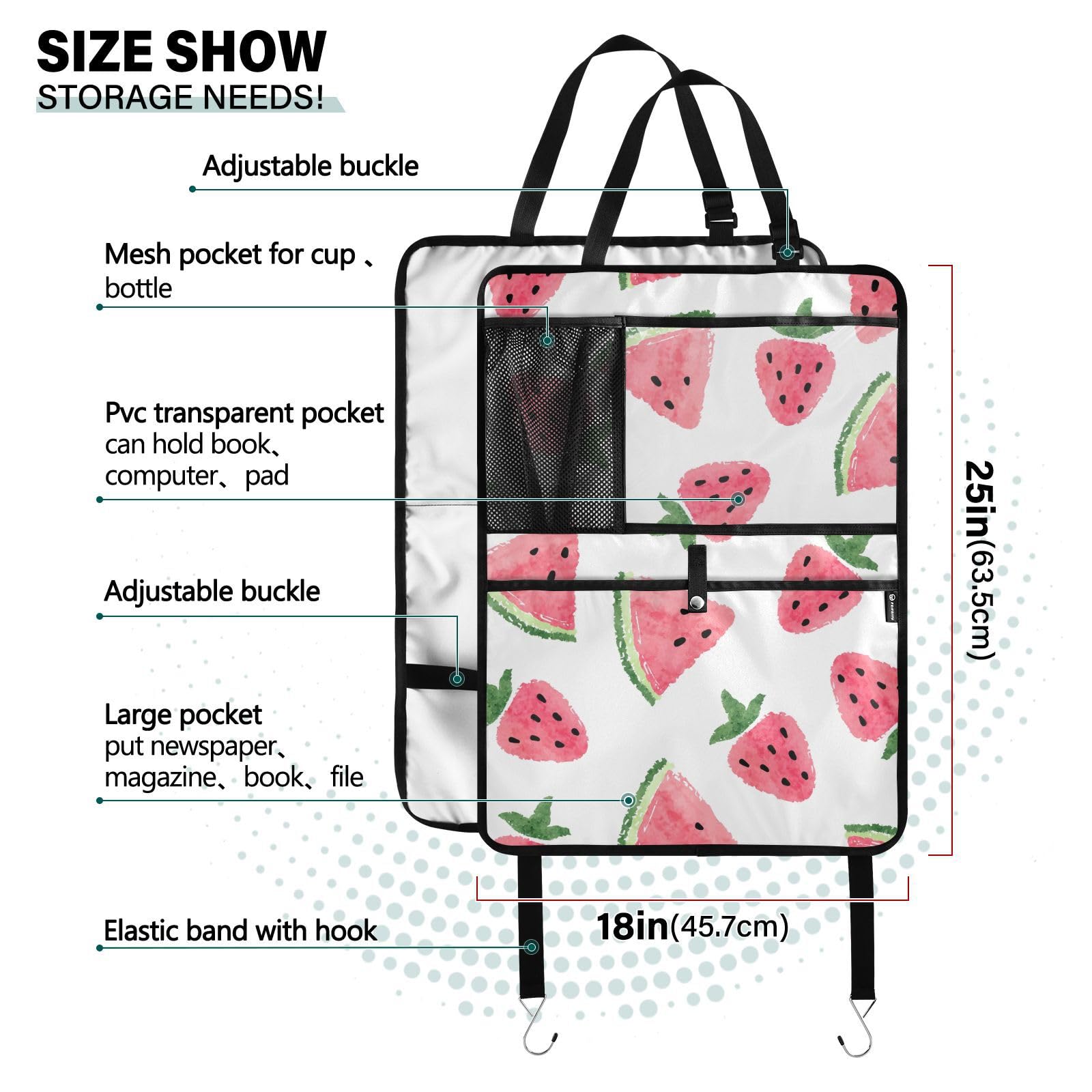 Aflyko Car Seat Back Organizer with Pockets - Watercolor Strawberry Watermelon Print, Pink Kick Mat & Backseat Protector - 1 Pack | Perfect for Road Trips, Family Travel & Keeping Your Vehicle Organized