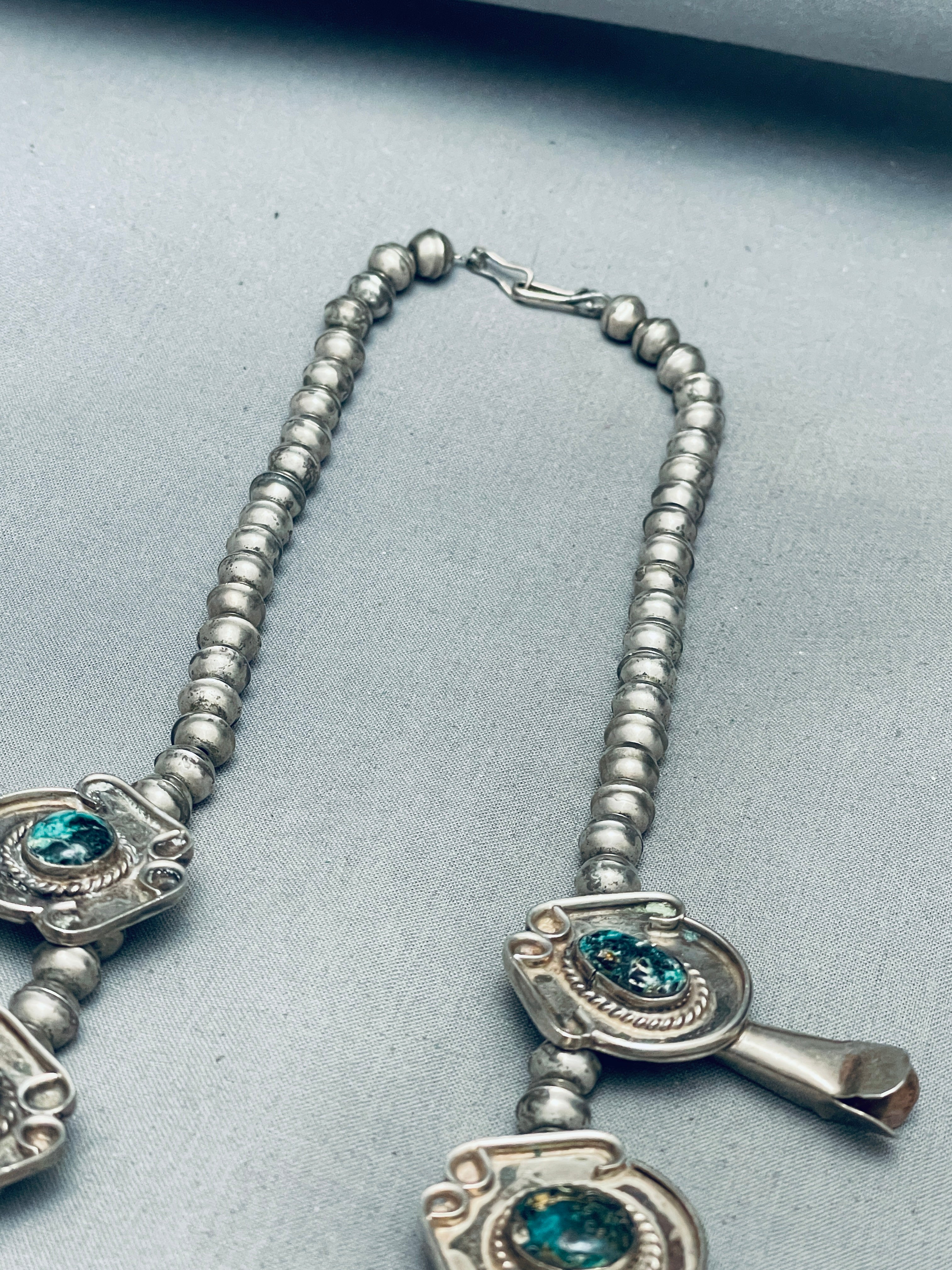 200g Vintage Navajo Turquoise Sterling Silver Squash Blossom Necklace - Authentic Native American Jewelry for Women, Perfect for Boho Fashion & Special Occasions