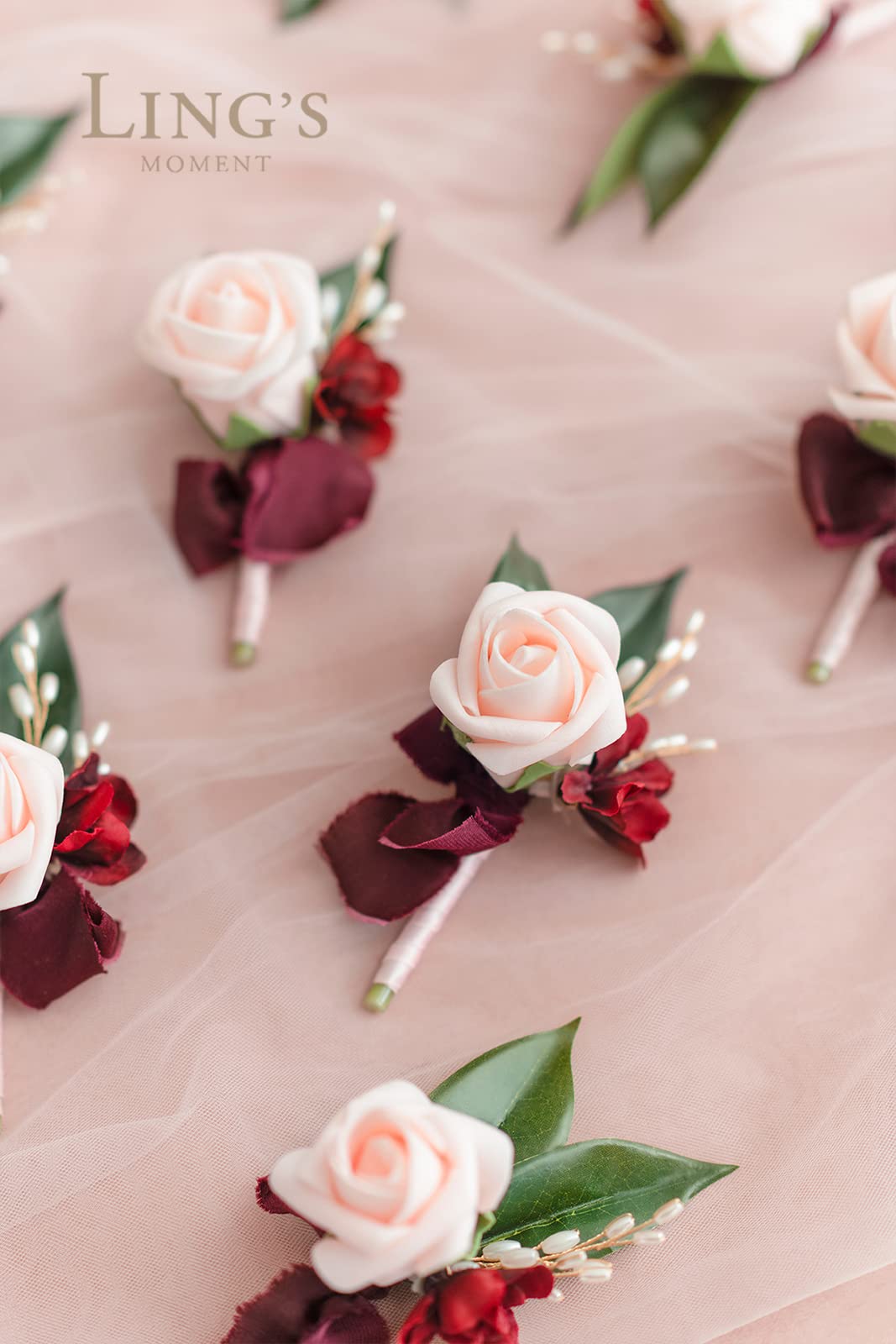 Ling's Moment 10pcs Artificial Flower Boutonnieres for Men - Groomsmen Wedding Boutonniere Set in Red Blush Pink - Perfect for Weddings, Prom, Homecoming & Formal Events