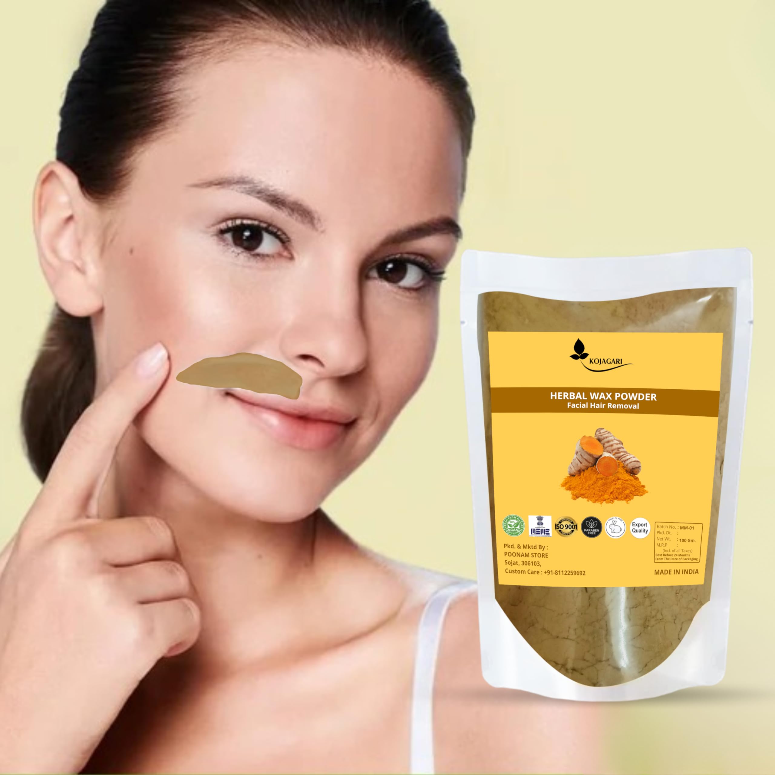 Kojagari Facial Wax Powder - Quick & Painless Hair Removal in 5 Minutes | Natural Herbal Formula for Upper Lips, Face, Hands, Legs & Full Body | At-Home Spa & Salon Smooth Skin Solution