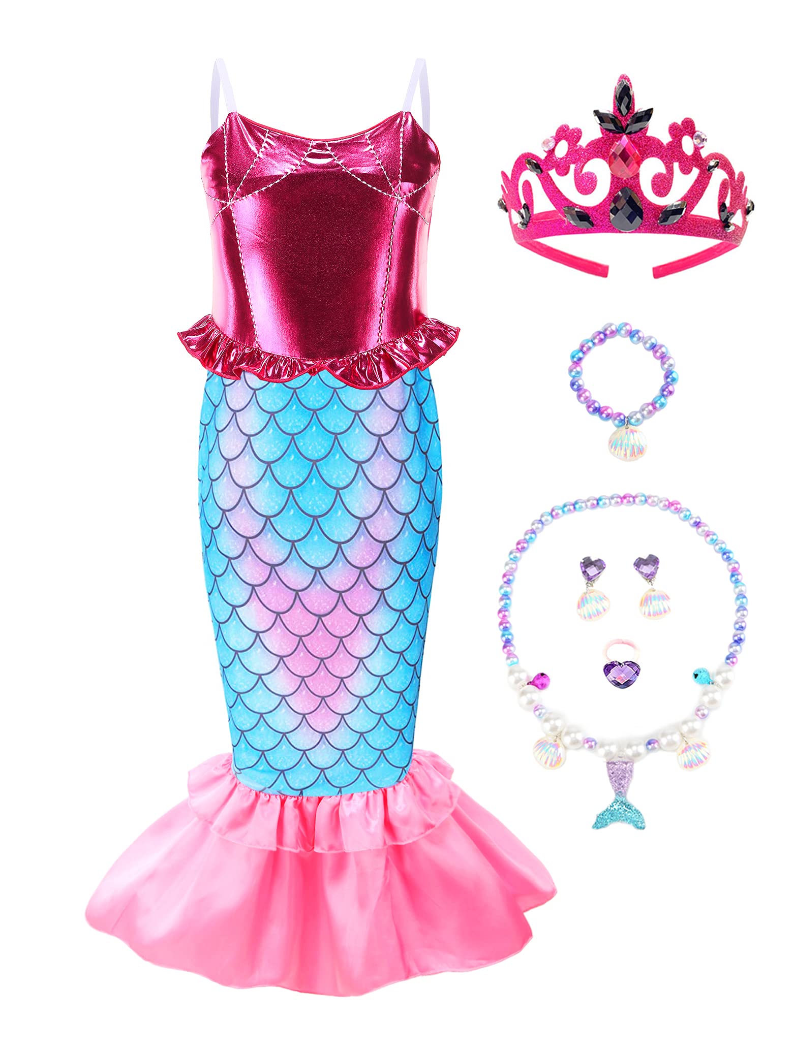 Mecamelon Girls Mermaid Costume - Princess Party Dress with Seashell Crown & Accessories for Halloween, Birthday & Dress-Up Play