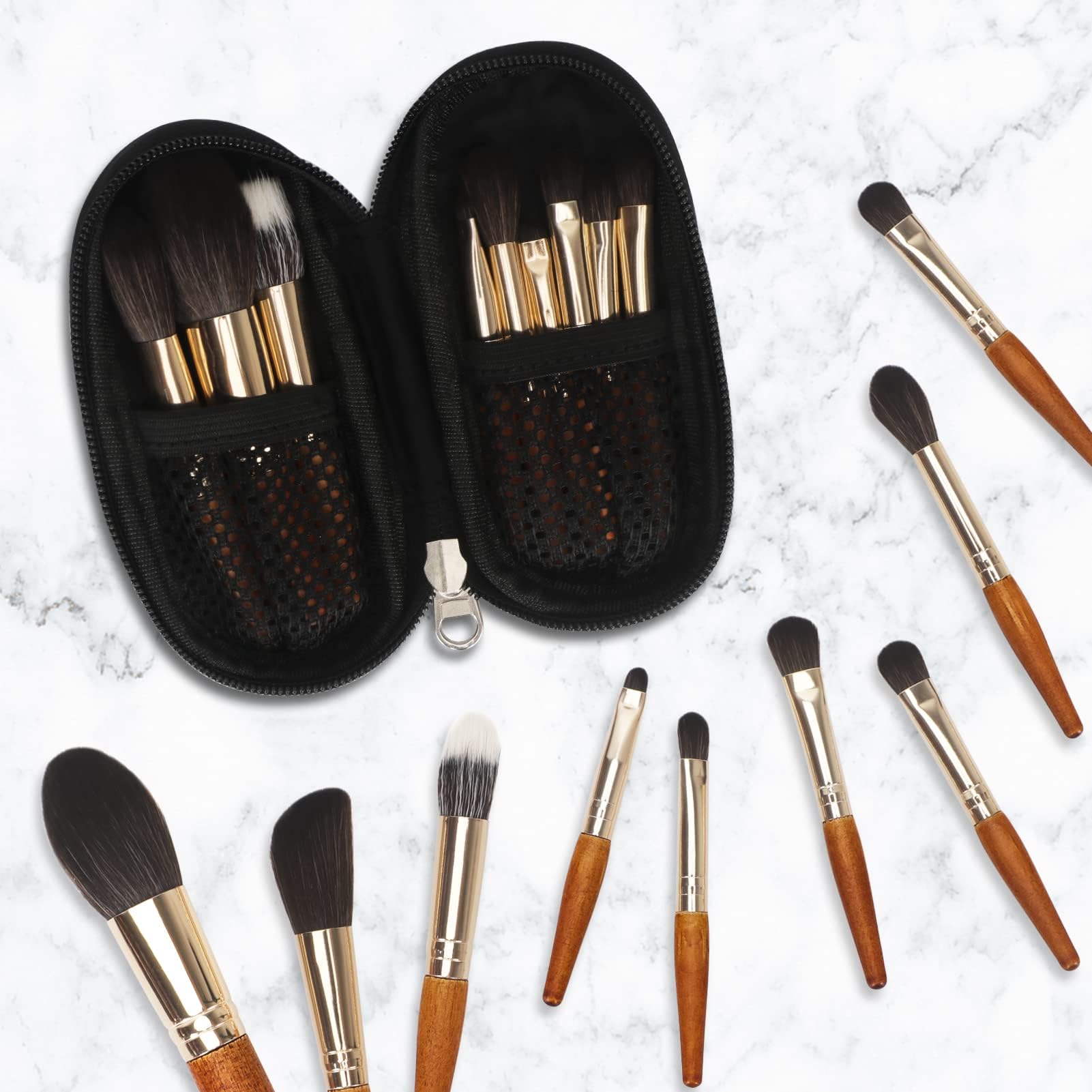 Unaone 9 Piece Professional Makeup Brush Set with PU Travel Case - Eyeshadow, Powder, Foundation & Blush Cosmetic Brushes for On-the-Go Beauty | Perfect for Travel, Home Makeup & Professional Use