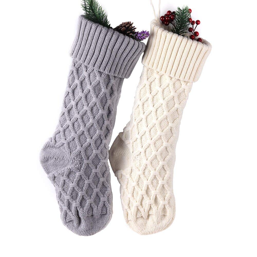 Premium Cable Knit Christmas Stockings Set of 2 - 18 Inch Classic Solid White & Gray Holiday Decor - Perfect for Fireplace Mantel, Gift Filling & Festive Home Decor