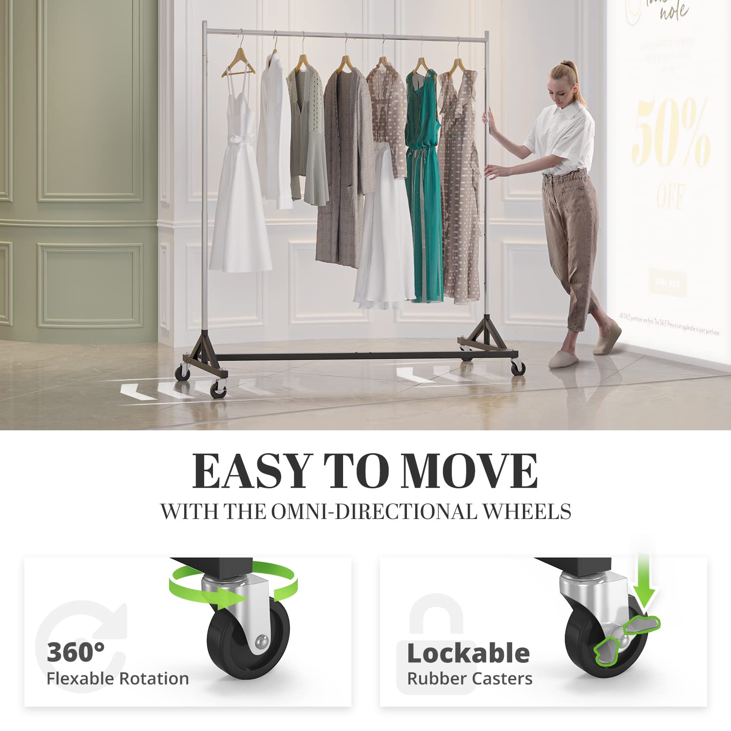 Heavy Duty Commercial Z Base Garment Rack - Adjustable Rolling Clothes Rack with Wheels, Holds 400 lbs, Chrome Finish - Perfect for Retail Stores, Boutiques, and Clothing Displays