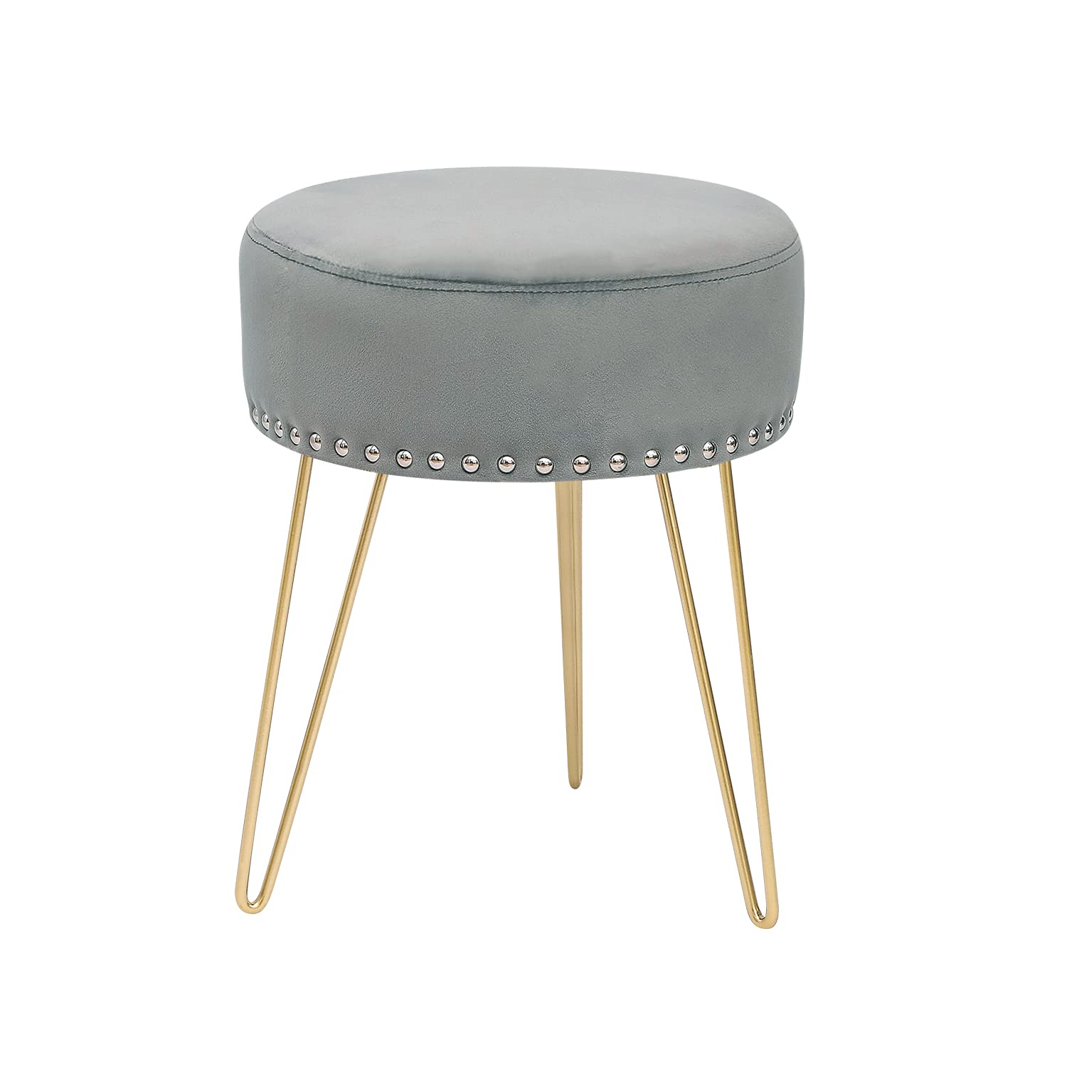 Furnistar Round Velvet Footstool Ottoman with Golden Metal Legs & Rivets - Stylish Accent for Living Room, Bedroom, or Dorm (Gray) - Perfect for Extra Seating, Footrest, or Decorative Home Decor