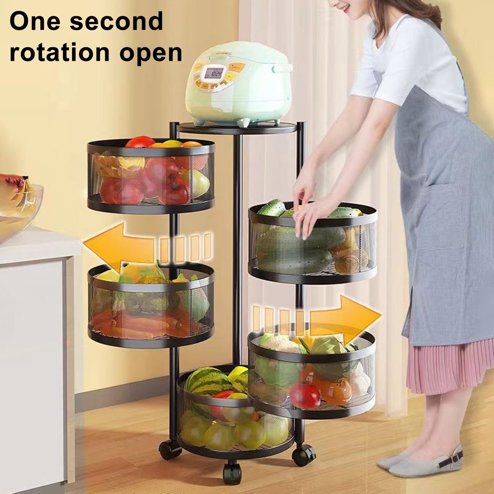 5-Tier Rotating Kitchen Storage Cart with 360° Wheels & Top Lid - Large Metal Wire Shelf for Fruits, Vegetables, Pantry Organization - Perfect for Living Room, Office & Small Space Storage Solutions