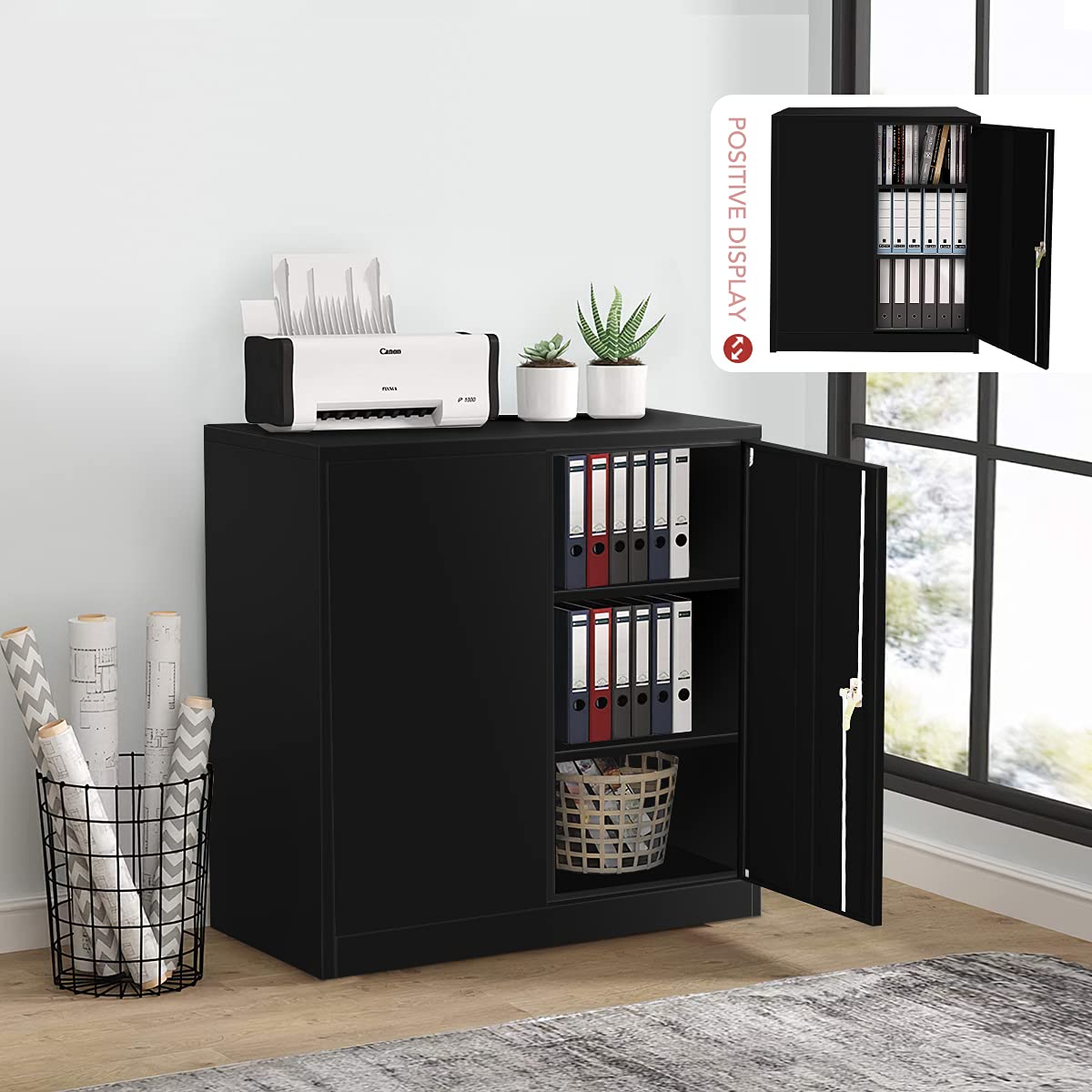 Superday Black Metal Storage Cabinet - Lockable Steel Cabinet with Doors & 2 Adjustable Shelves, Heavy Duty Office & Home Storage Solution for Garage, Workshop, and Utility Rooms