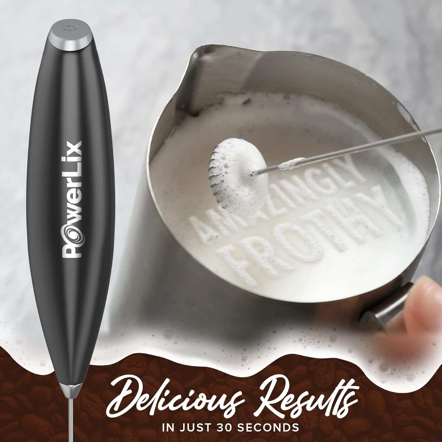 PowerLix Electric Milk Frother with Stainless Steel Stand - 19000 RPM, Battery Operated for Coffee, Latte, Cappuccino, Hot & Cold Chocolate - Perfect for Home, Office, and Cafe Use