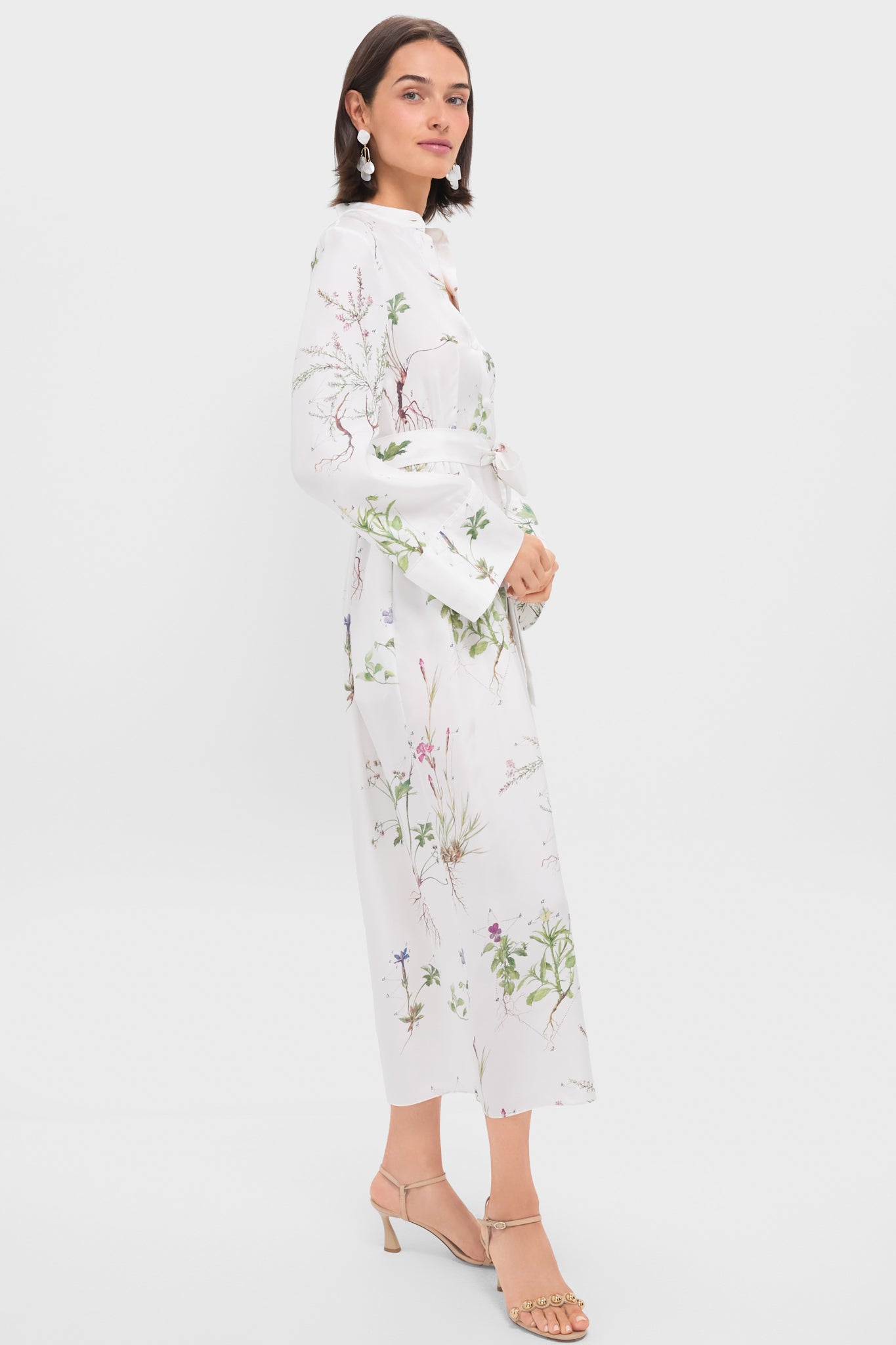 Elegant White Long Sleeve Tie Waist Midi Dress for Women | Floral Botanical Garden Print | Perfect for Garden Parties, Weddings & Spring Occasions