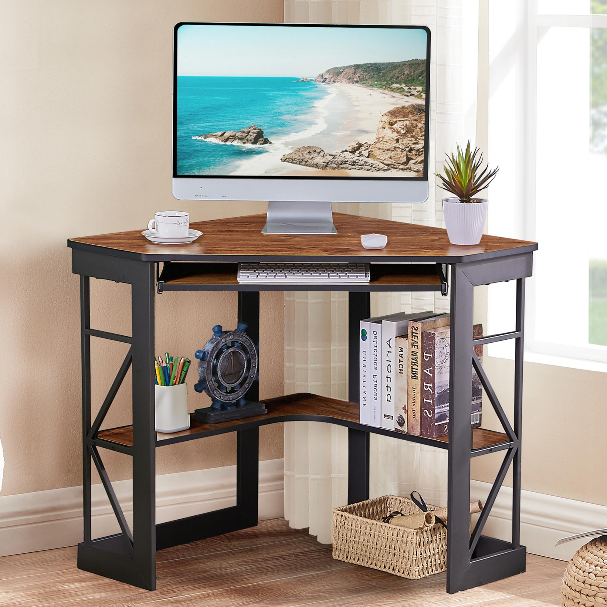 VECELO Compact Corner Desk - Home Office Computer Desk with Smooth Keyboard Tray & Storage Shelves, Space-Saving Triangle Writing Table in Teak Finish | Perfect for Small Spaces, Dorm Rooms & Apartment Workstations