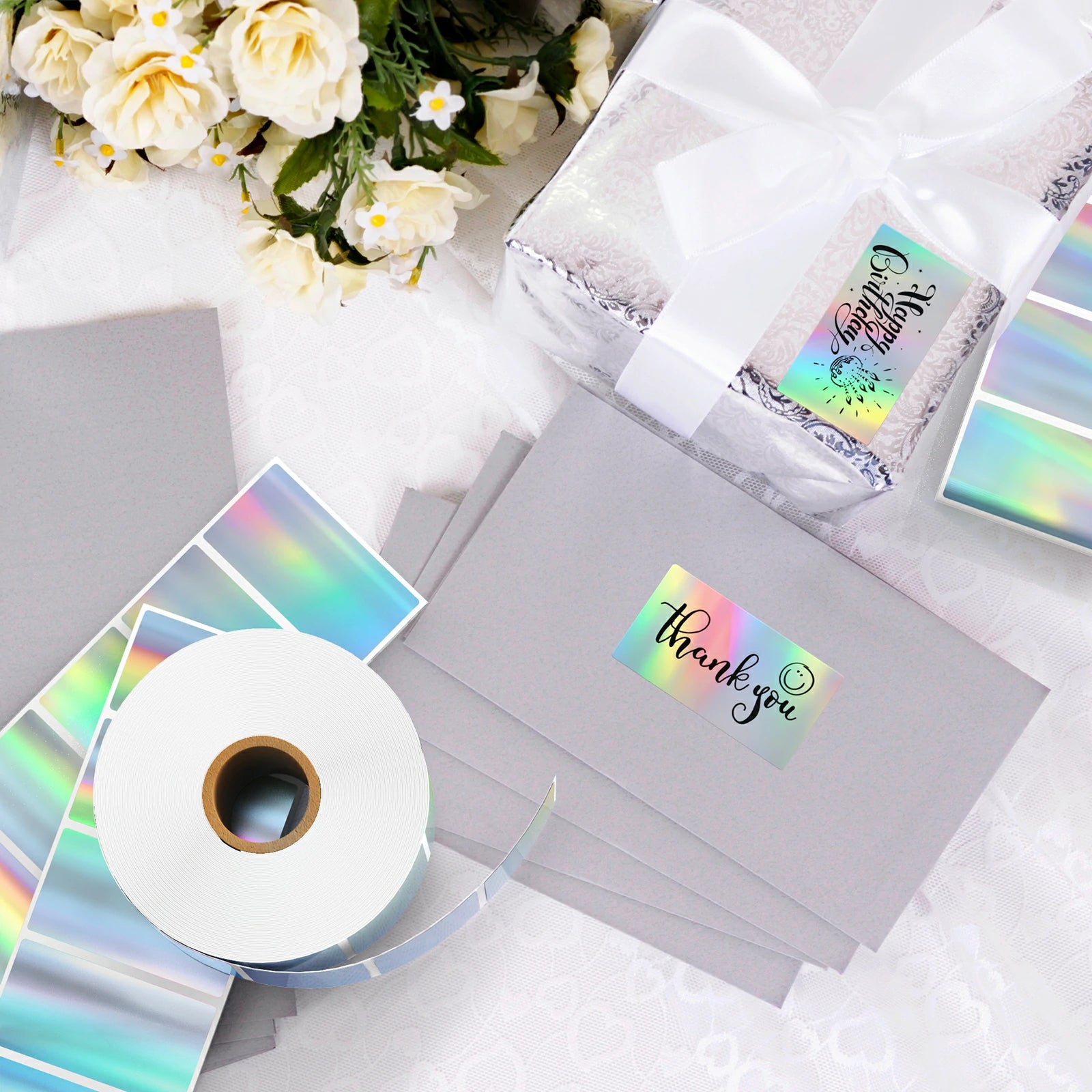 MUNBYN Holographic Silver Thermal Sticker Labels for Shipping, Packaging & Inventory - Waterproof Adhesive Stickers for Barcodes, QR Codes & Product Labeling