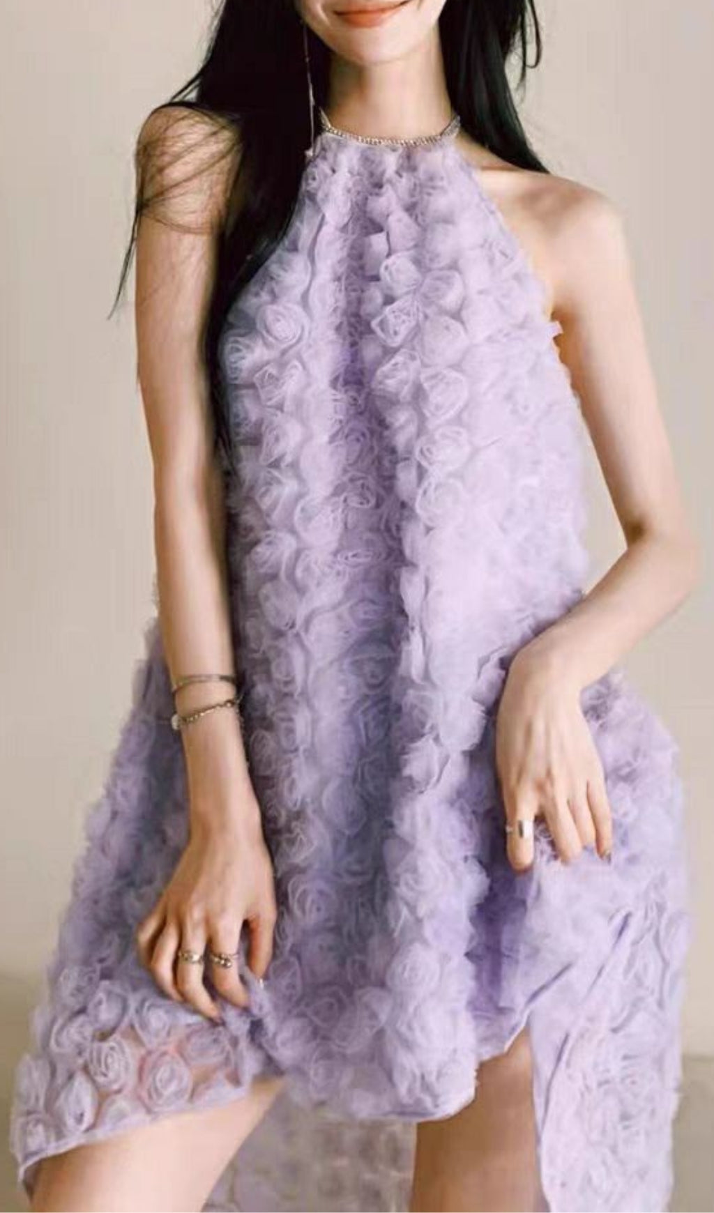 Elegant 3D Purple Rose Halter Neck Backless Midi Dress for Women - Perfect for Summer Parties, Weddings, and Special Occasions