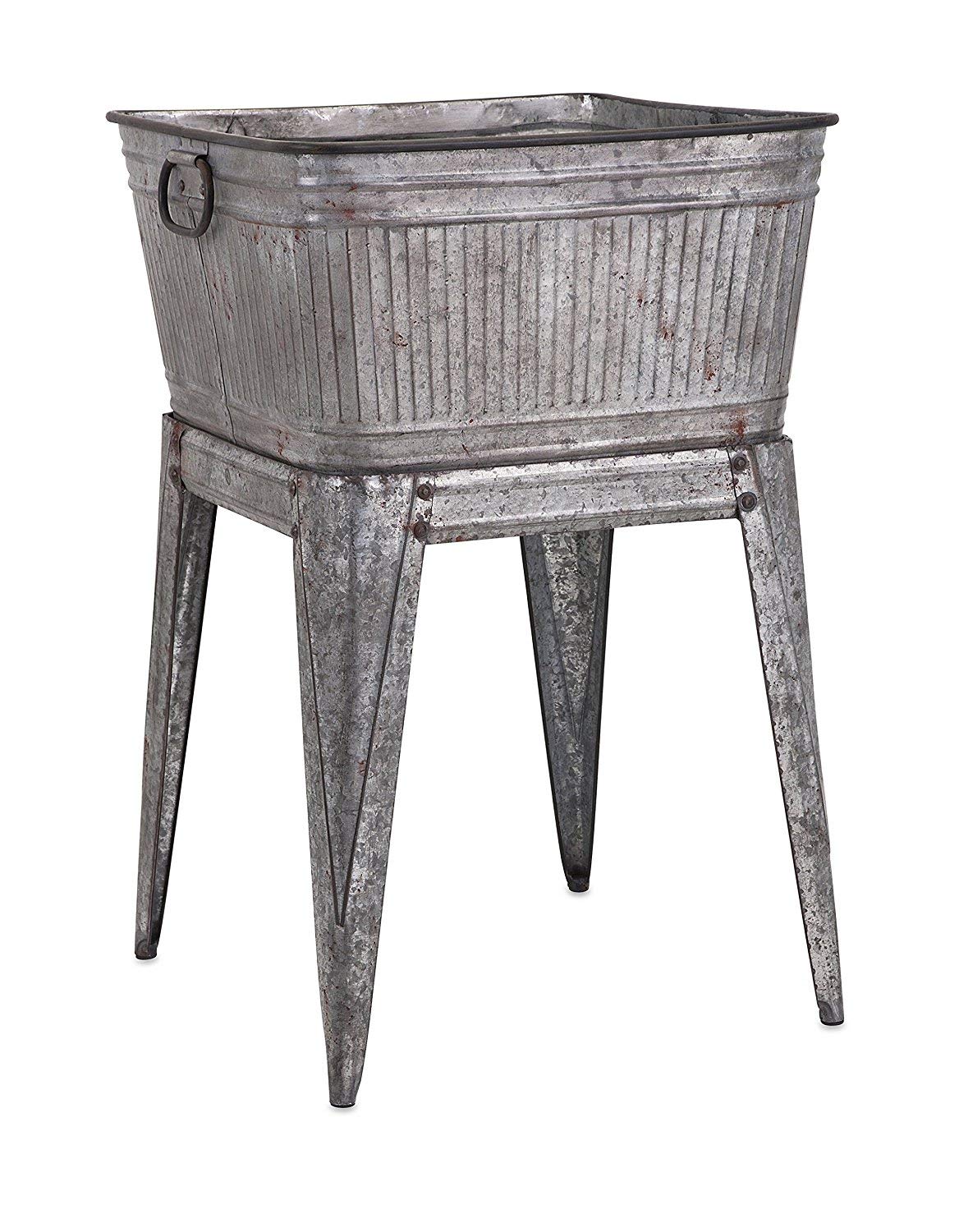 Benjara Multi Functional Galvanized Metal Tub with Stand - Rustic Gray Wash Basin for Farmhouse Bathroom, Kitchen Sink, or Outdoor Garden Decor