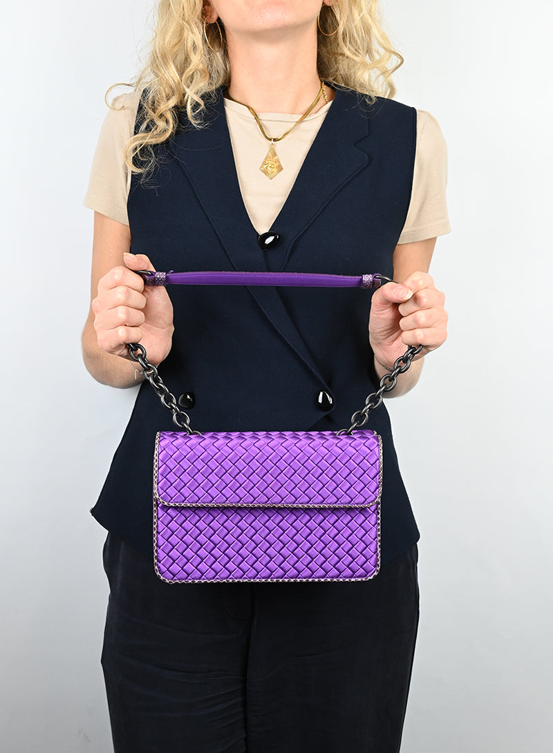Bottega Veneta Purple Satin Handbag for Women | Luxury Designer Shoulder Bag | Perfect for Evening Parties, Weddings & Special Occasions