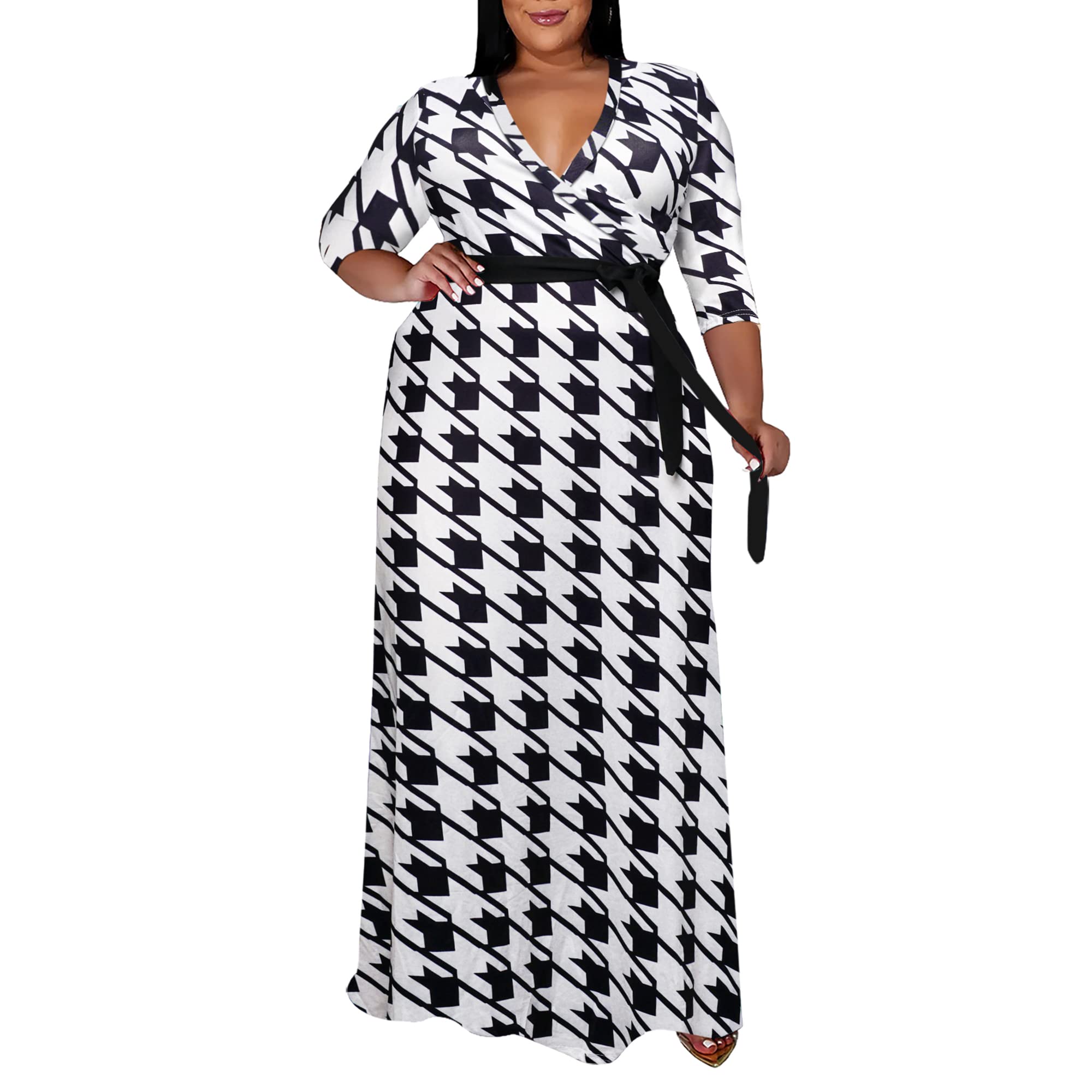 Runwind Plus Size Floral Maxi Dress for Women - 3/4 Sleeve Flowy Summer Dress with Belt | Elegant Beach Wedding & Vacation Outfit