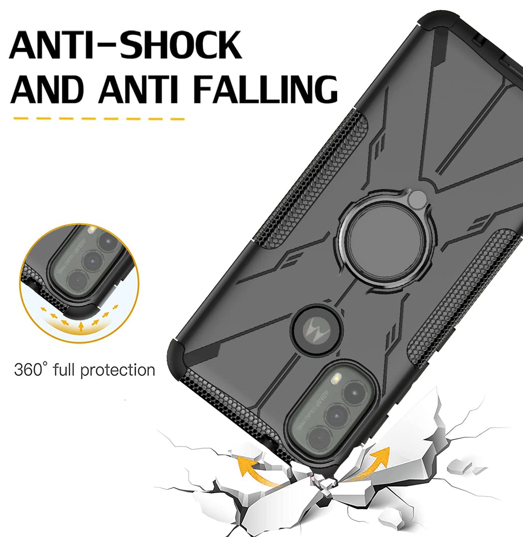 Magnetic Kickstand Case for Motorola Moto E20/E30/E40 (XT2155/XT2158) with Tempered Glass Screen Protector - 360° Rotating Ring Holder, Protective Cover (Black) - Perfect for Work, Travel, and Everyday Use