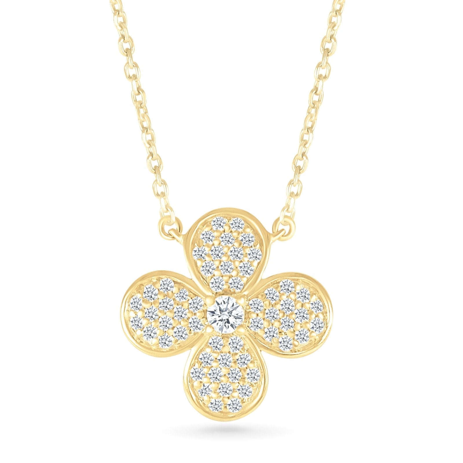 10k Yellow Gold Four Petal Diamond Pave Flower Necklace for Women - Elegant Floral Jewelry Gift for Anniversary, Valentine's Day & Special Occasions