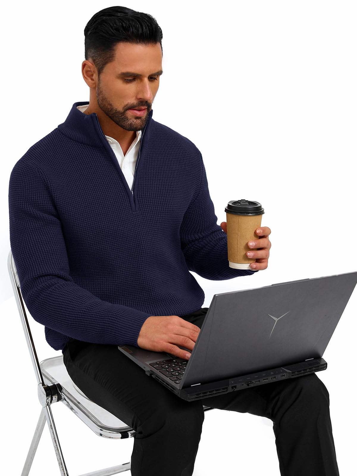 ALLOVIN Men's Quarter Zip Sweater - Waffle Knit 1/4 Zip Mock Neck Long Sleeve Pullover for Fall & Winter | Casual Office Wear, Outdoor Activities, Layering Essential