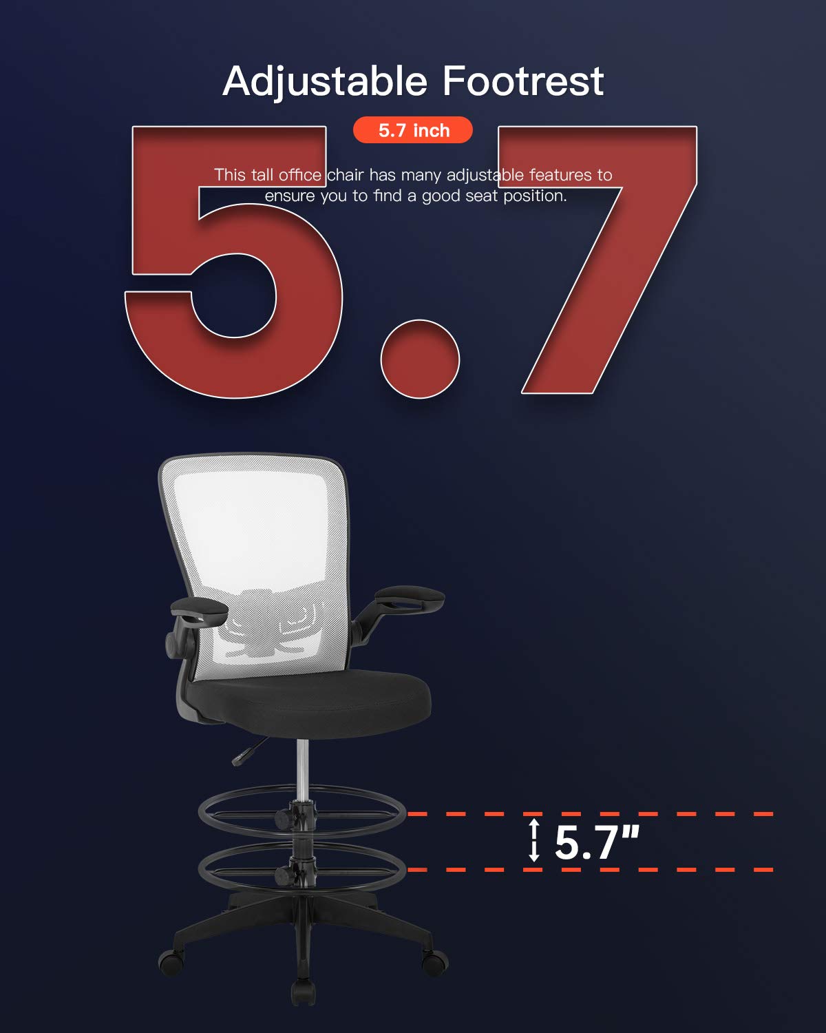 Ergonomic Drafting Chair - Adjustable Height Office Chair with Lumbar Support, Arms & Footrest - White Mesh Swivel Rolling Stool for Standing Desks - Perfect for Architects, Artists & Home Office Workspaces