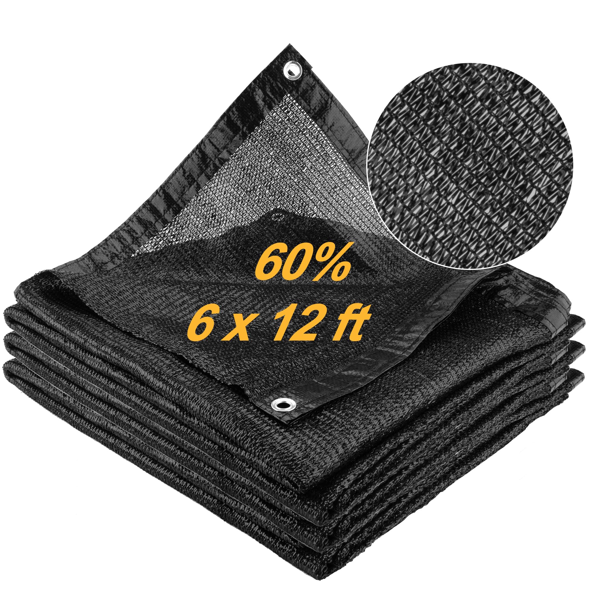 SPORTYOUTH 50-60% Black Shade Cloth 6x12 FT - UV Resistant Sun Block Mesh Tarp with Grommets for Garden, Greenhouse, Pergola, RV, Chicken Coop & Patio Canopy - Outdoor Sun Protection Cover for Plants, Pets and Relaxation