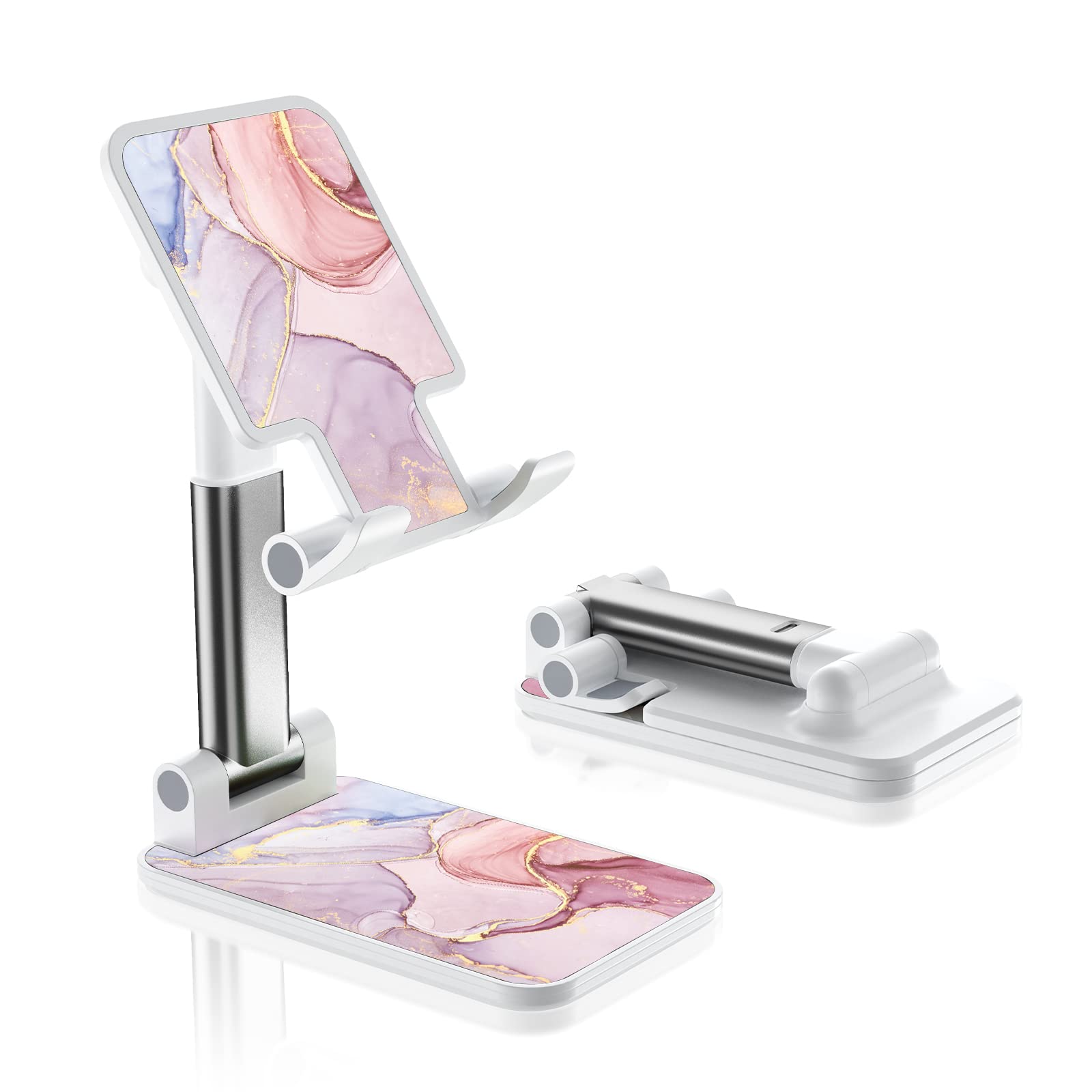 Adjustable Foldable Phone Stand for Desk - Multi-Angle View Phone Holder for iPhone, Samsung, iPad & Smartphones - Pink Marble Design - Perfect for Office, Home, Video Calls & Hands-Free Watching
