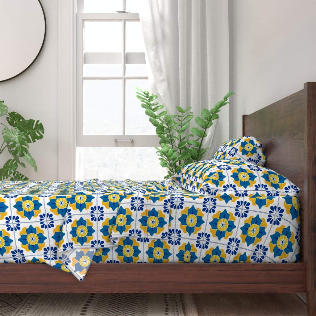 100% Cotton Twin Sheet Set 3pc - Mexican Inspired Blue Yellow Geometric Floral Print Bedding | Soft Breathable Sheets for Guest Room, Dorm & Vacation Home