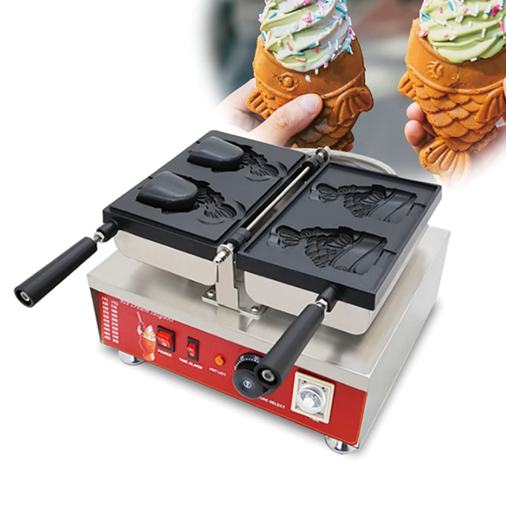 Commercial Electric Taiyaki Maker - Japanese Fish-Shaped Waffle Machine with Non-Stick Coating (2 Openings) - Perfect for Home, Cafes & Street Food Businesses