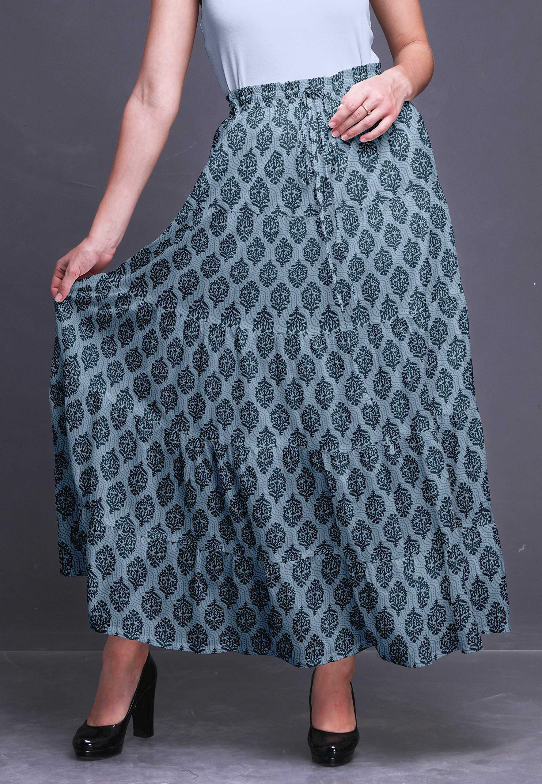 Bimba Printed Long 5-Tier Cotton Skirt for Women - Boho Maxi Skirt with Floral Design - Perfect for Beach, Vacation, and Summer Outfits