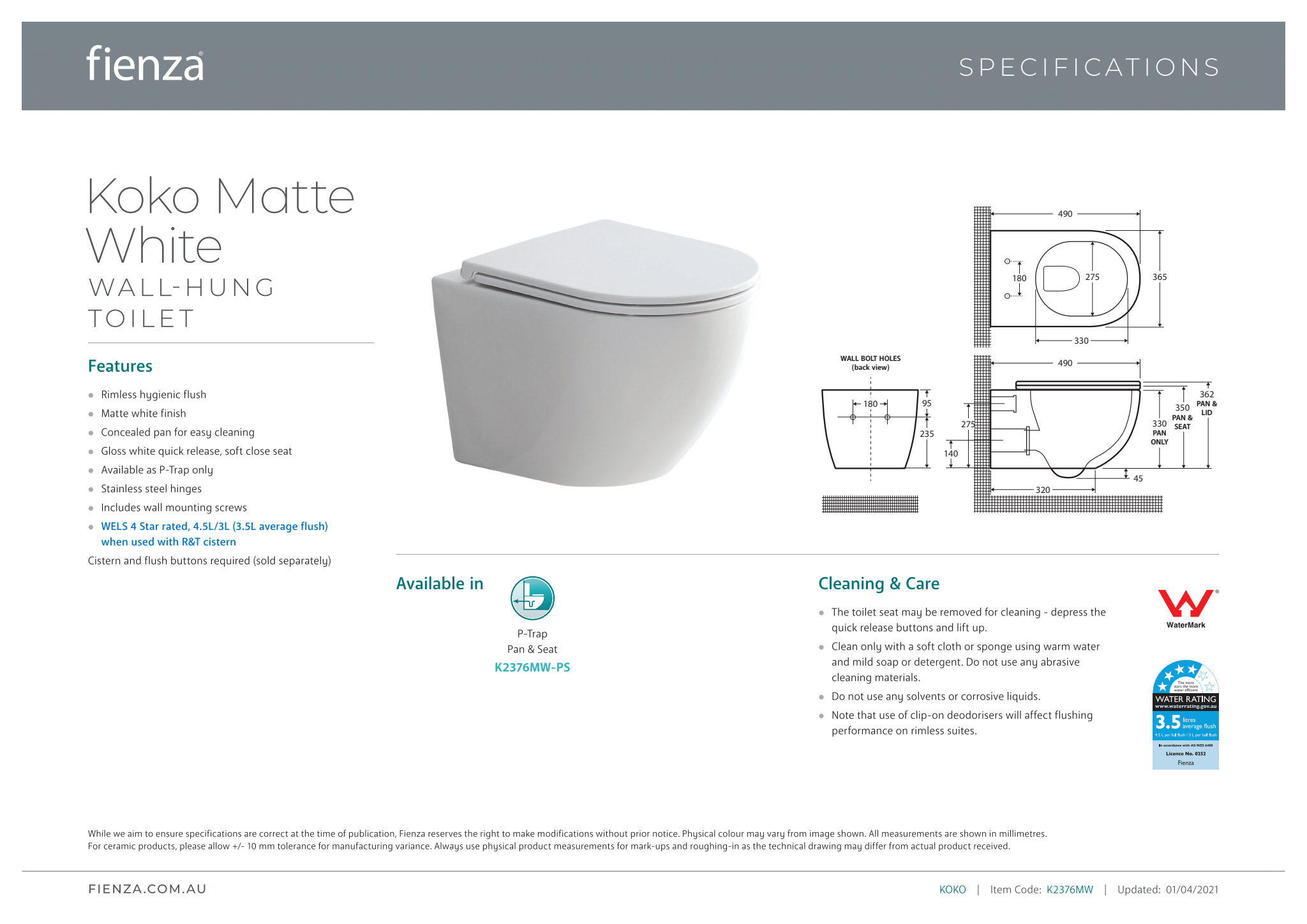 Fienza Koko Wall Hung Suite - Matte White Bathroom Vanity Set | Modern Space-Saving Design for Small Bathrooms & Powder Rooms