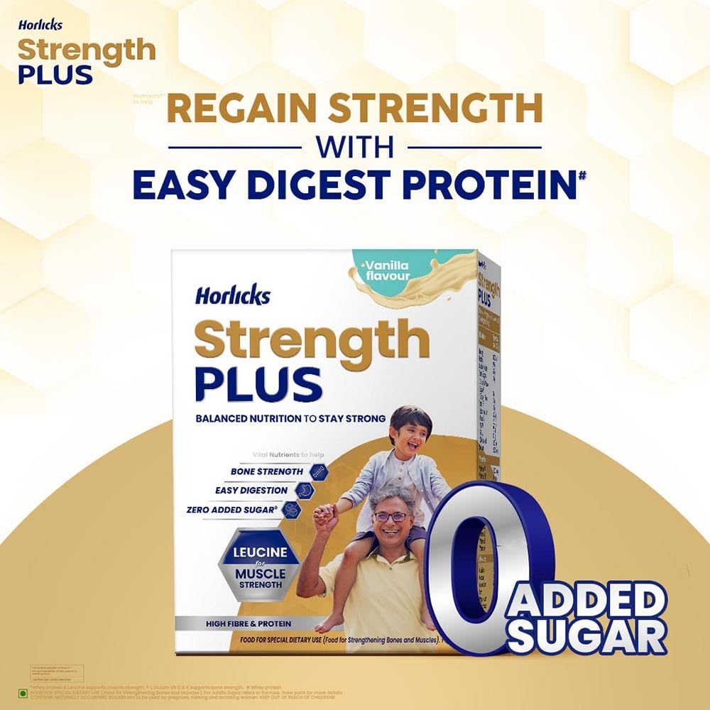 Horlicks Strength Plus Vanilla Powder - High Protein & Fiber Nutritional Supplement for Energy & Recovery, 350g (1 Count) - Ideal for Post-Workout, Illness Recovery & Daily Wellness Boost
