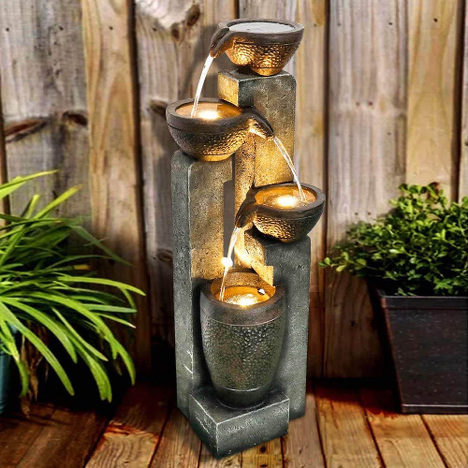 4-Tier Outdoor Water Fountain with LED Lights - Garden Decoration, Patio, Yard, and Landscape Accent for Relaxing Ambience