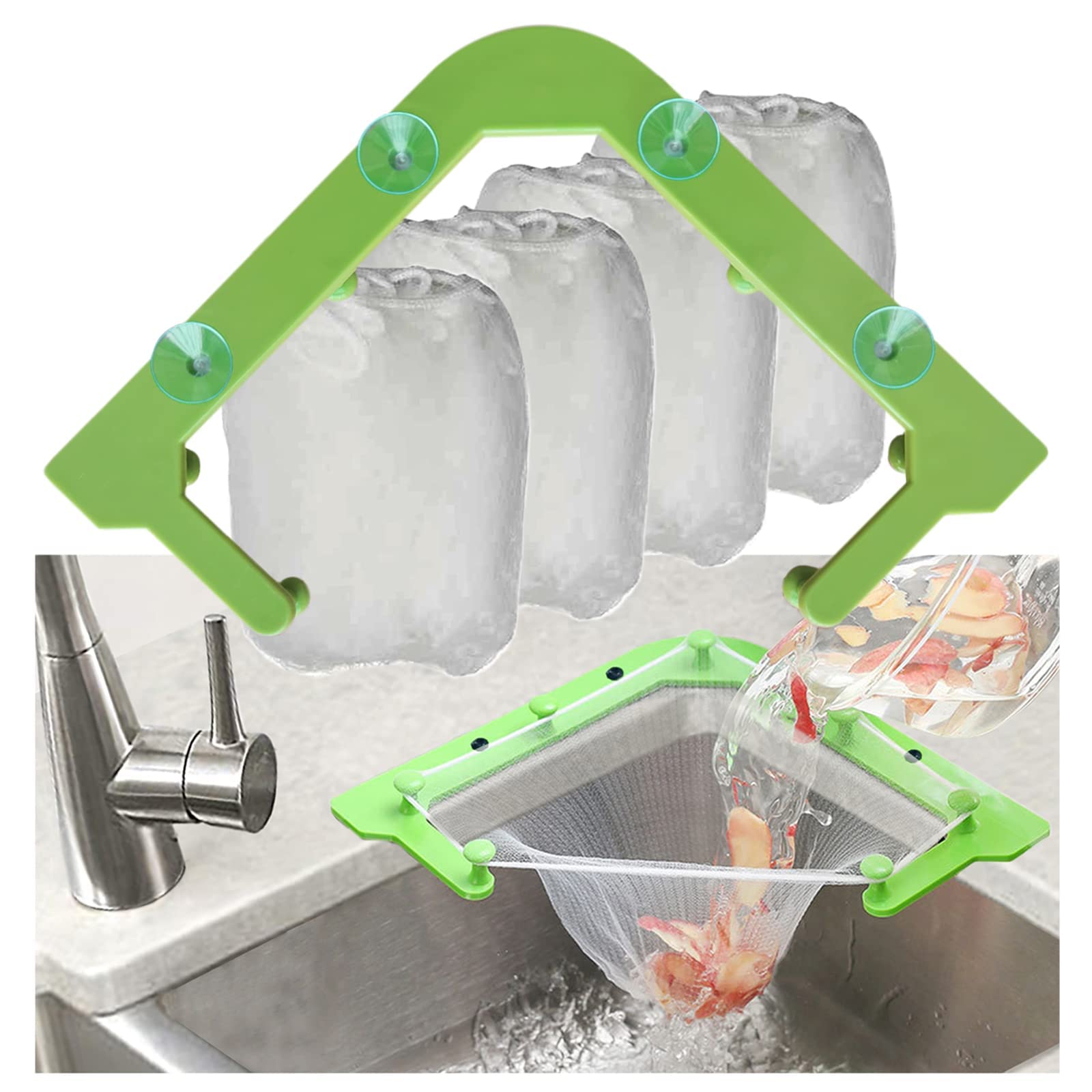 Triangle Sink Strainer Holder with 200 Mesh Bags - Kitchen Corner Garbage Storage Rack & Filter Basket for Food Waste Disposal - Perfect for Kitchen Sinks, Dishwashing Areas and Food Prep Stations