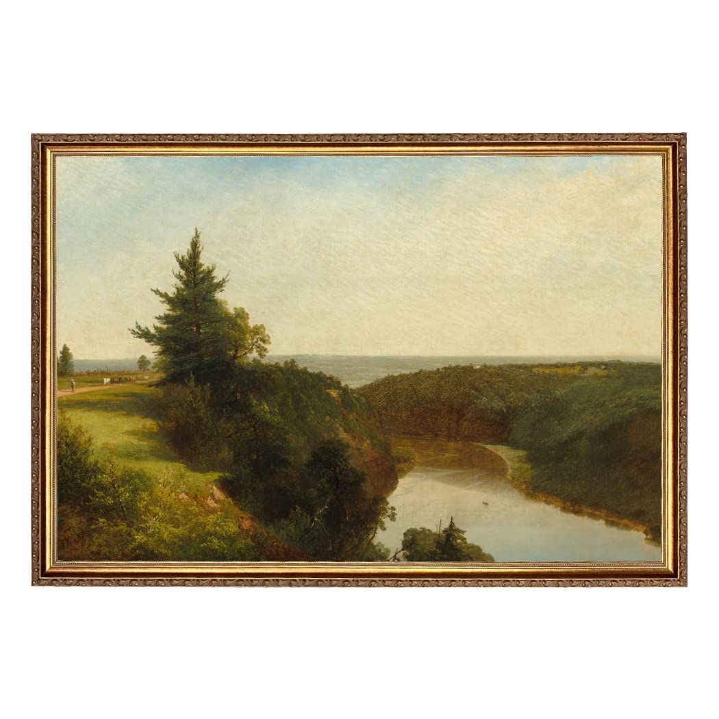 River View Scenic Landscape Oil Painting Print on Canvas - 20x30 Inches with Thin Gold Frame - Wall Art Decor for Living Room, Bedroom & Office