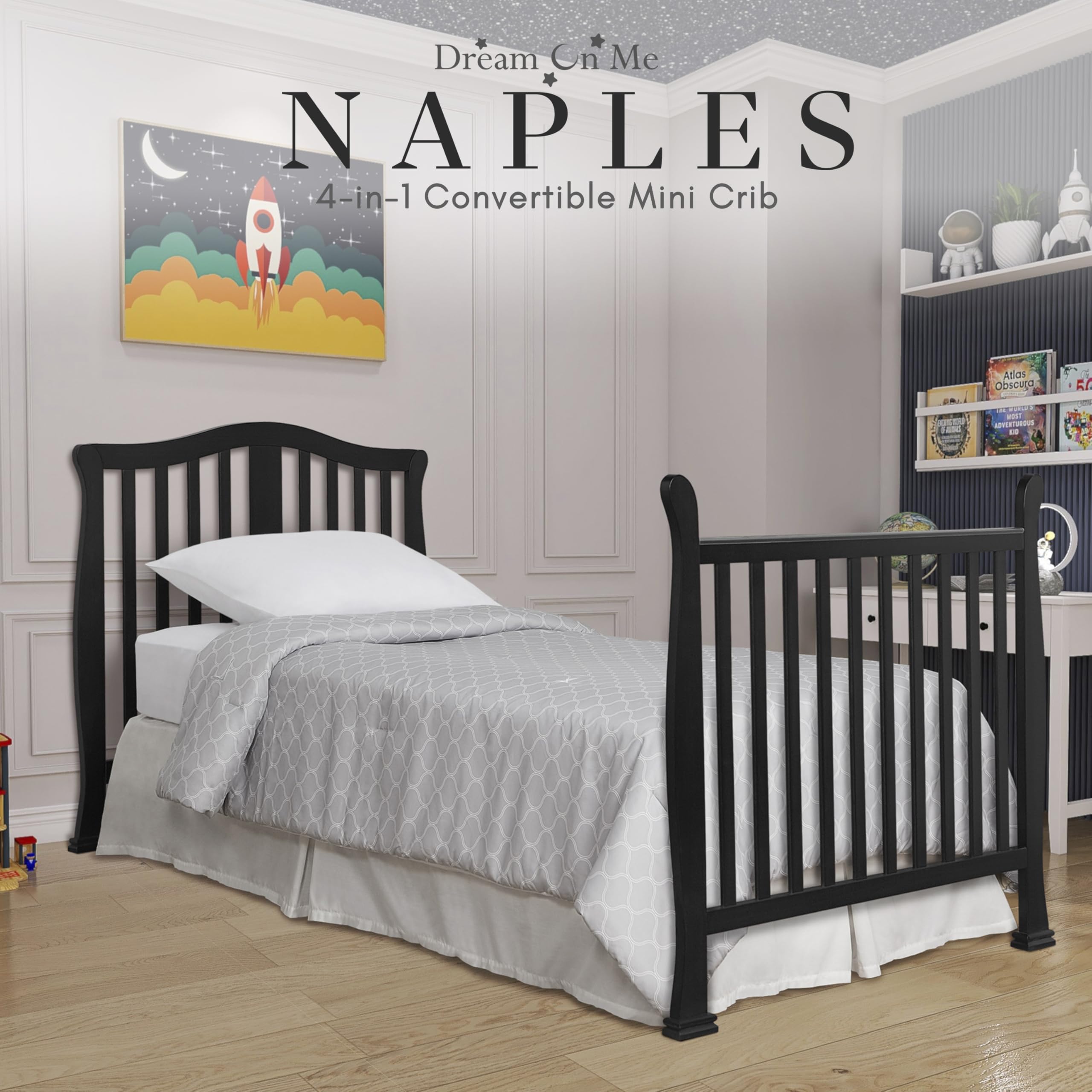 Dream On Me Addison 4-in-1 Convertible Mini Crib - Black | Greenguard Gold Certified | Non-Toxic New Zealand Pinewood | Includes 1