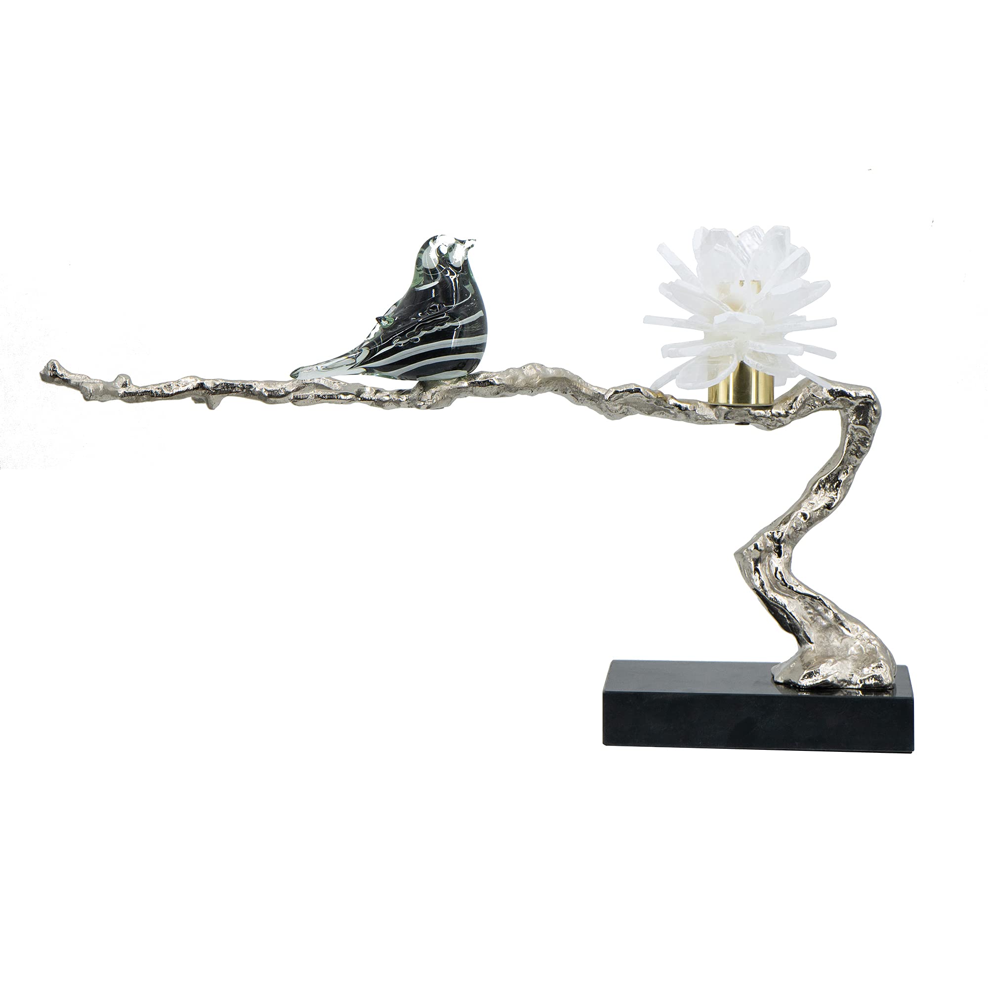 A&B Home Aluminum Candle Holder with Marble Stand - Glass Bird & Selenite Flower Tree of Life Design - 25x5x10