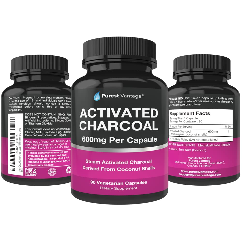 Pure Organic Activated Charcoal Capsules 600mg - 90 Vegan Capsules for Detox, Gas Relief & Teeth Whitening | Natural Digestive Support & Toxin Removal