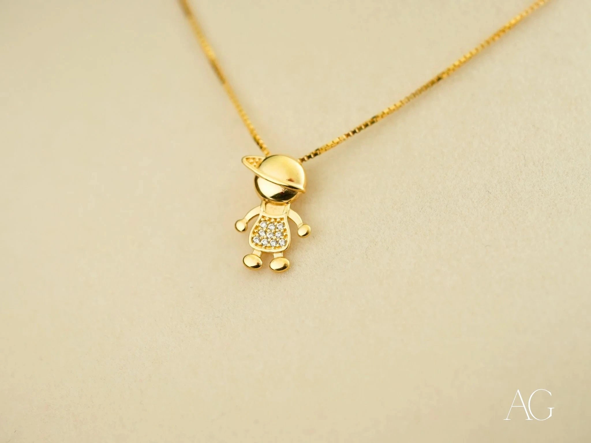 Golden Charm Doll Pendant Necklace - Handmade Boy or Girl Design for Baby Shower Gifts, Christening Jewelry & Newborn Keepsakes