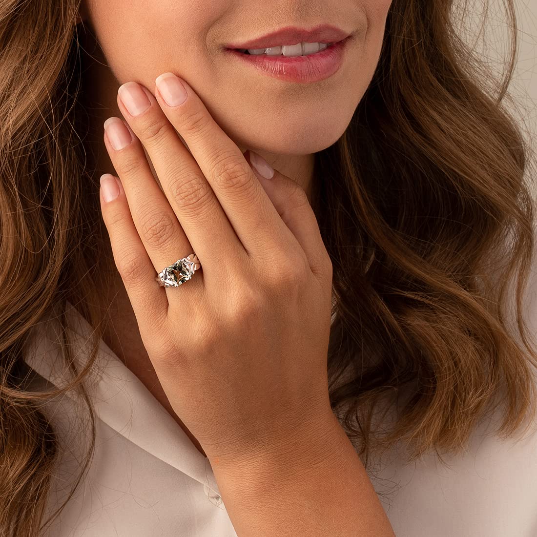 PEORA Green Amethyst Ring for Women - 925 Sterling Silver Criss-Cross Solitaire Ring, Natural Gemstone Birthstone Jewelry, 2 Carat Radiant Cut 9x7mm, Comfort Fit, Sizes 5-9 - Perfect for Birthday Gifts, Anniversary, Wedding & Everyday Elegance