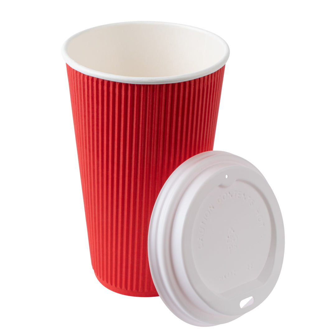 16 oz Red Ripple Wall Paper Coffee Cups with White Lids - 200 Count Bulk Pack (3.5