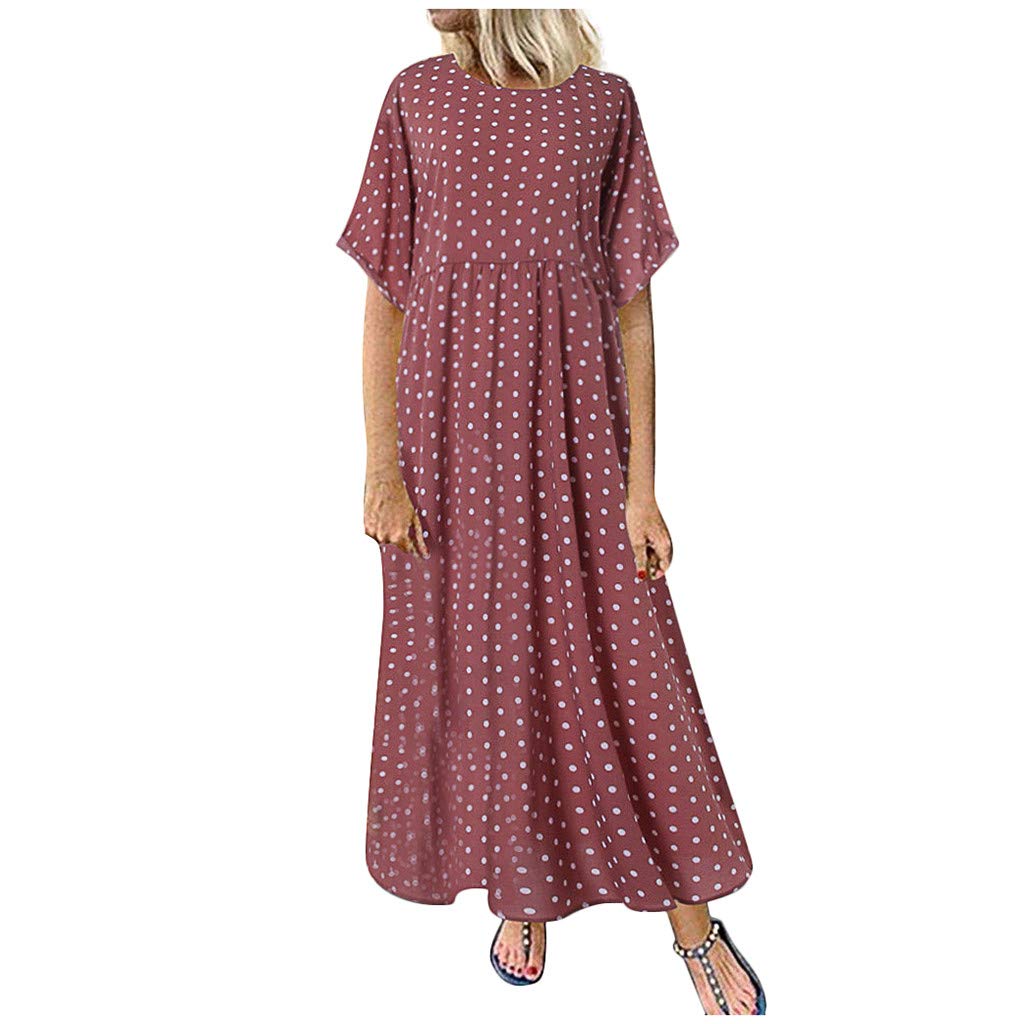 Women's Long Summer Dresses - Vintage Polka Dot Print Maxi Dress, Bohemian Plus Size Flowy Dress with Short Sleeves | Perfect for Beach Vacations, Music Festivals & Boho Chic Outfits