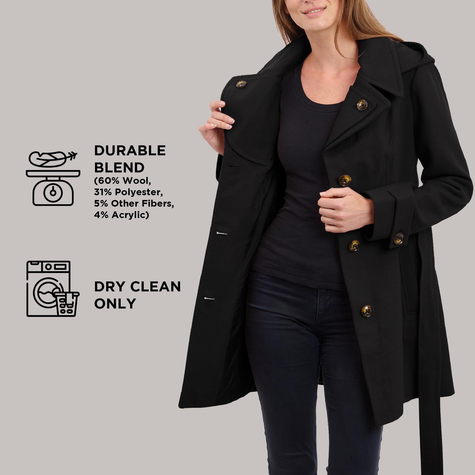 London Fog Women's Double Lapel Wool Coat with Belt - Knee Length Button Front Trench Coat for Fall & Winter Fashion, Office Wear & Outdoor Activities