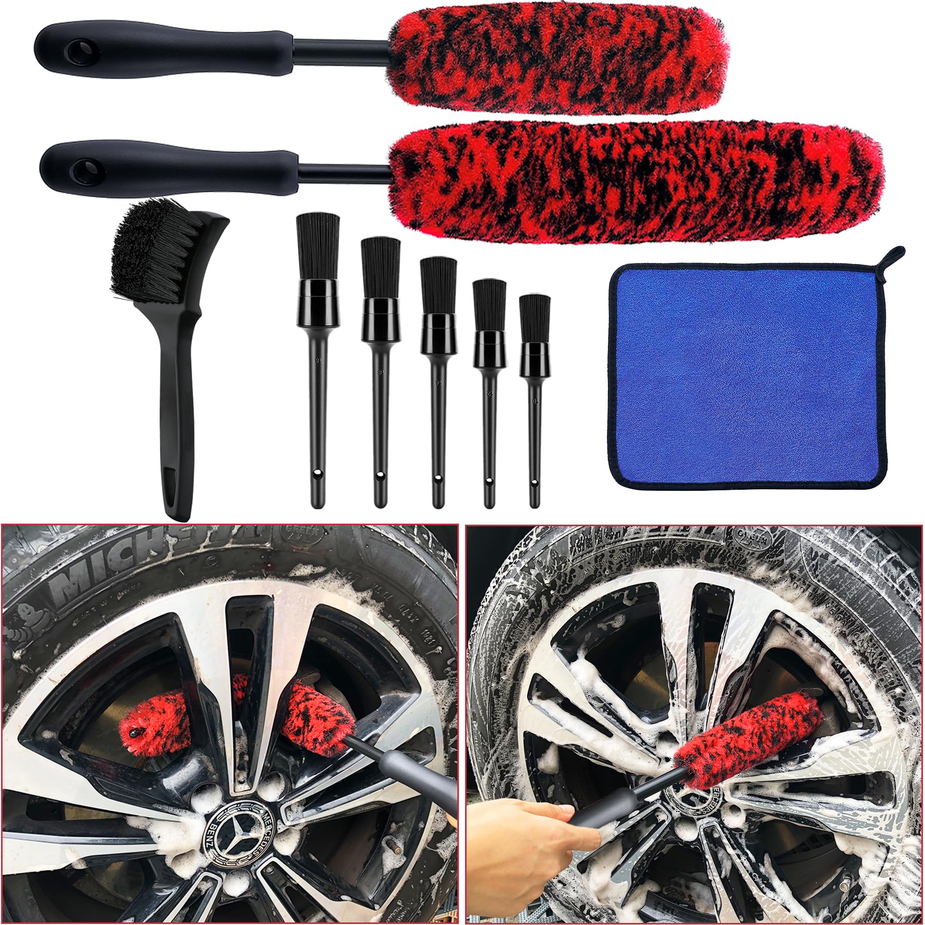 9Pcs Wheel & Tire Brush Set - Soft, Bendable & Sturdy Car Cleaning Brushes for Wheels, Rims, Spokes, Fenders & Engines - Perfect for Auto Detailing & Deep Cleaning