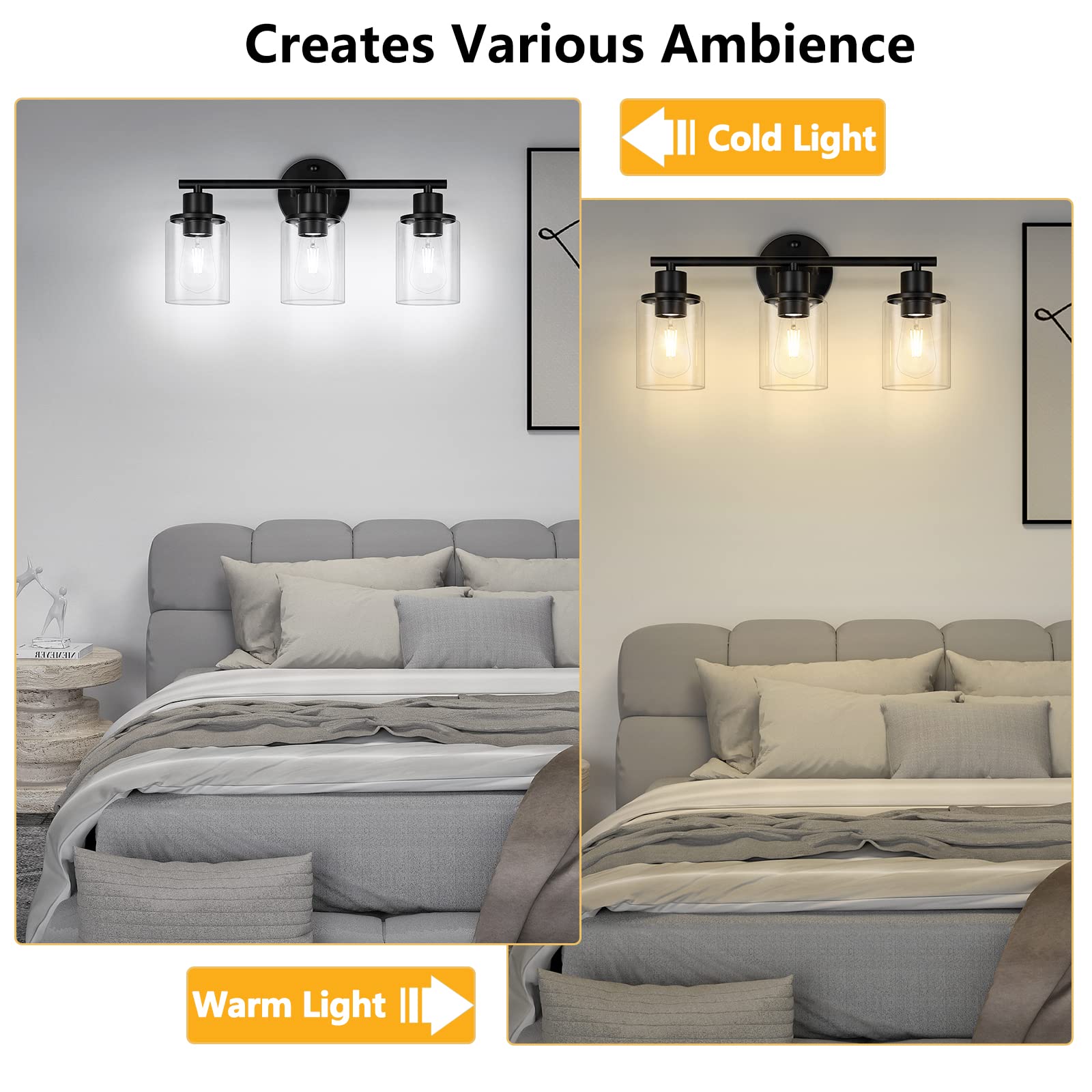 Licperron 3-Light Modern Bathroom Vanity Light Fixture - Black Wall Sconce with Clear Glass Shade for Mirror Lighting - Farmhouse Style Bathroom Wall Light for Bedroom, Hallway & Living Room - Perfect for Home Decor, Spa Bathroom & Vanity Makeup Area