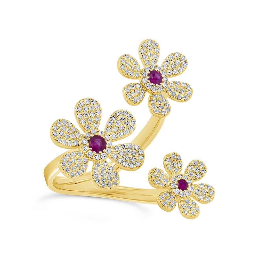 14Kt Gold 0.66 CTW Ruby & Diamond Pavé 3 Flower Ring for Women - Elegant Floral Jewelry Gift for Anniversary, Valentine's Day & Special Occasions